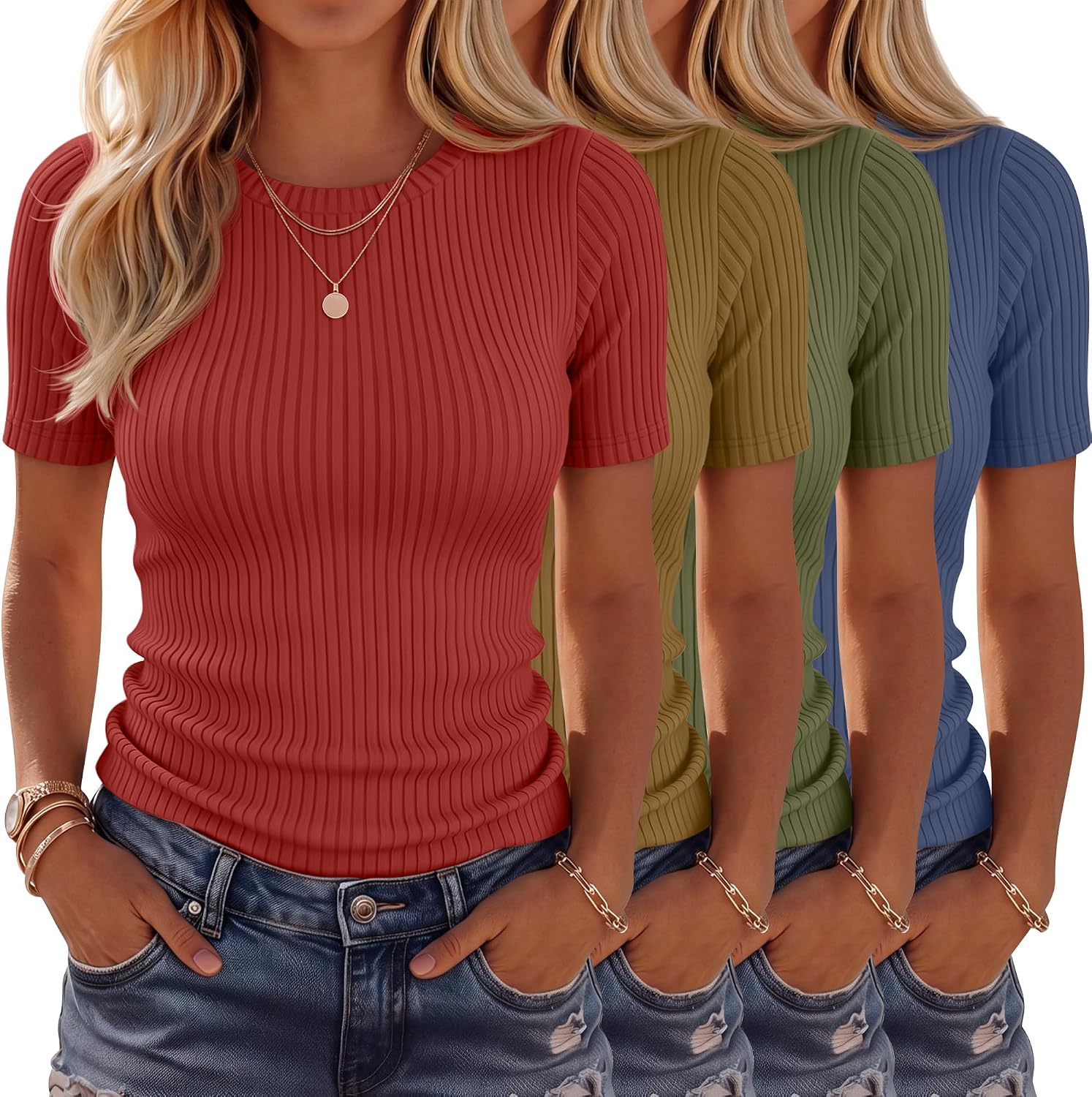 4 Pack Women’s Ribbed T-Shirts Cotton Short Sleeve Fitted Basic Tops Crew Neck Casual Shirts Summer Trendy Tees 2026