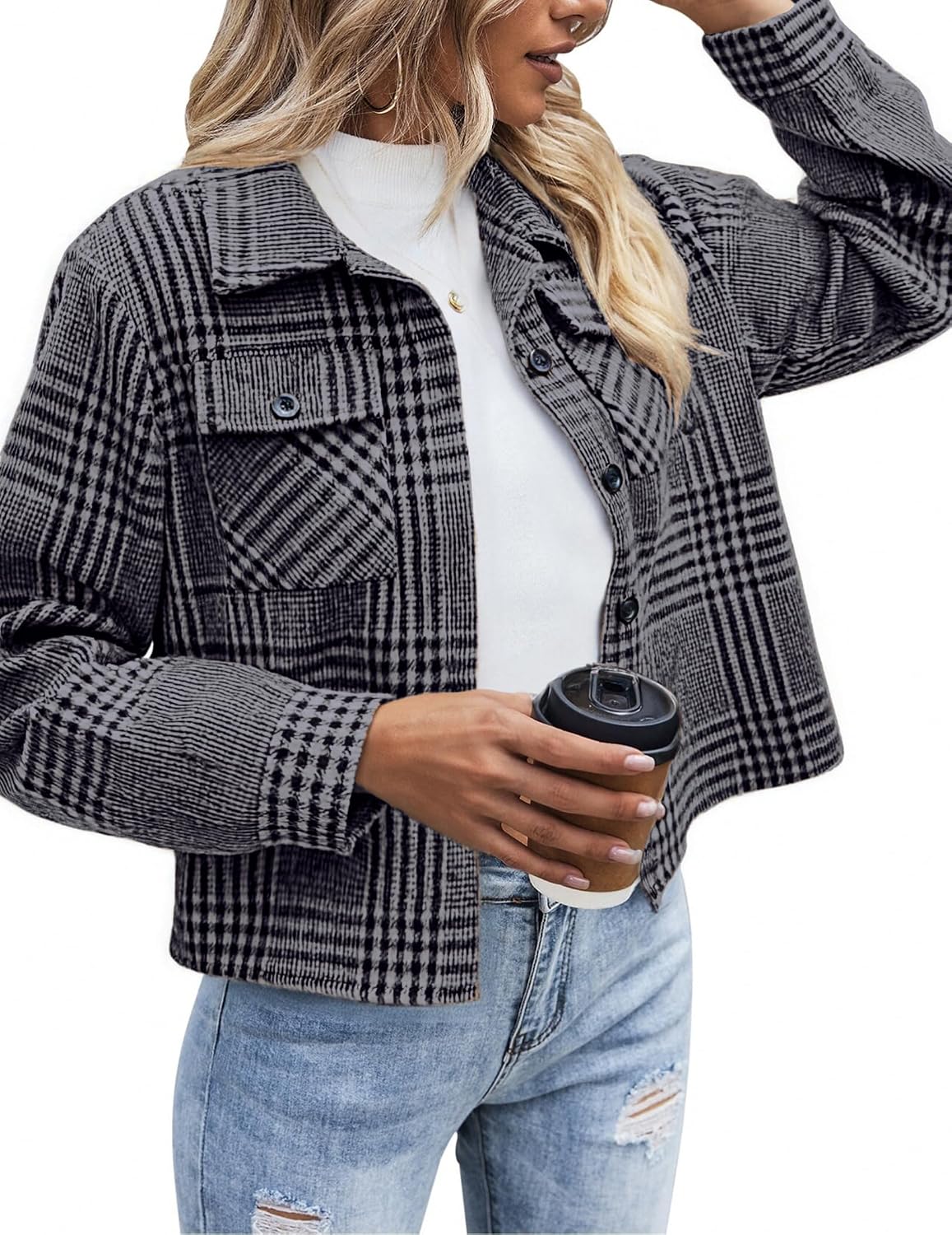 Flannels for Women Cropped Shacket Jacket Fashion Plaid Button Down Shirt 2026 Fall Coat Tops