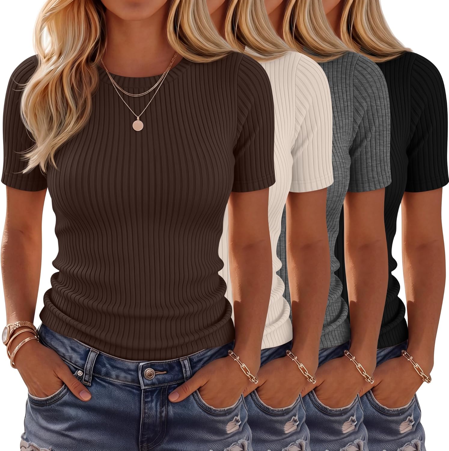 4 Pack Women’s Ribbed T-Shirts Cotton Short Sleeve Fitted Basic Tops Crew Neck Casual Shirts Summer Trendy Tees 2026