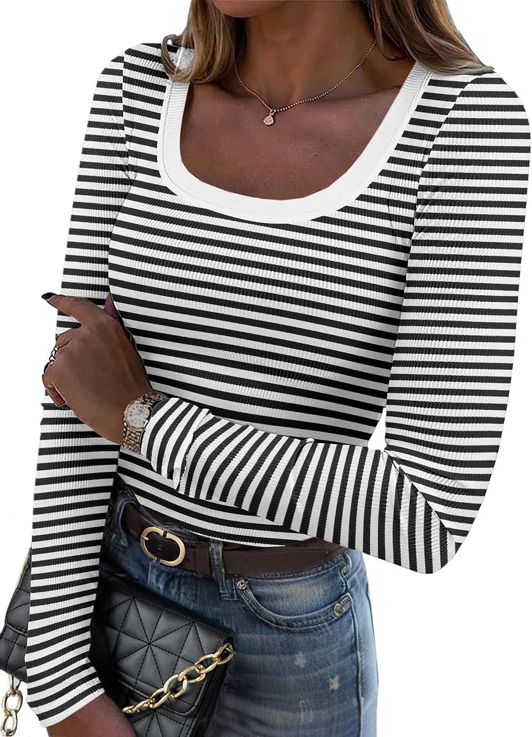 Women's Long Sleeve Scoop Neck Shirts Casual Slim Fit Rib Knit Tops Summer Fall Basic Business Work Tee