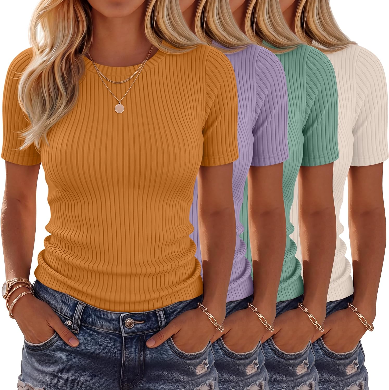 4 Pack Women’s Ribbed T-Shirts Cotton Short Sleeve Fitted Basic Tops Crew Neck Casual Shirts Summer Trendy Tees 2026