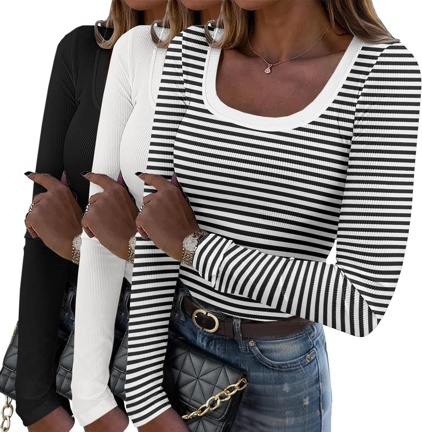 Women's Long Sleeve Scoop Neck Shirts Casual Slim Fit Rib Knit Tops Summer Fall Basic Business Work Tee