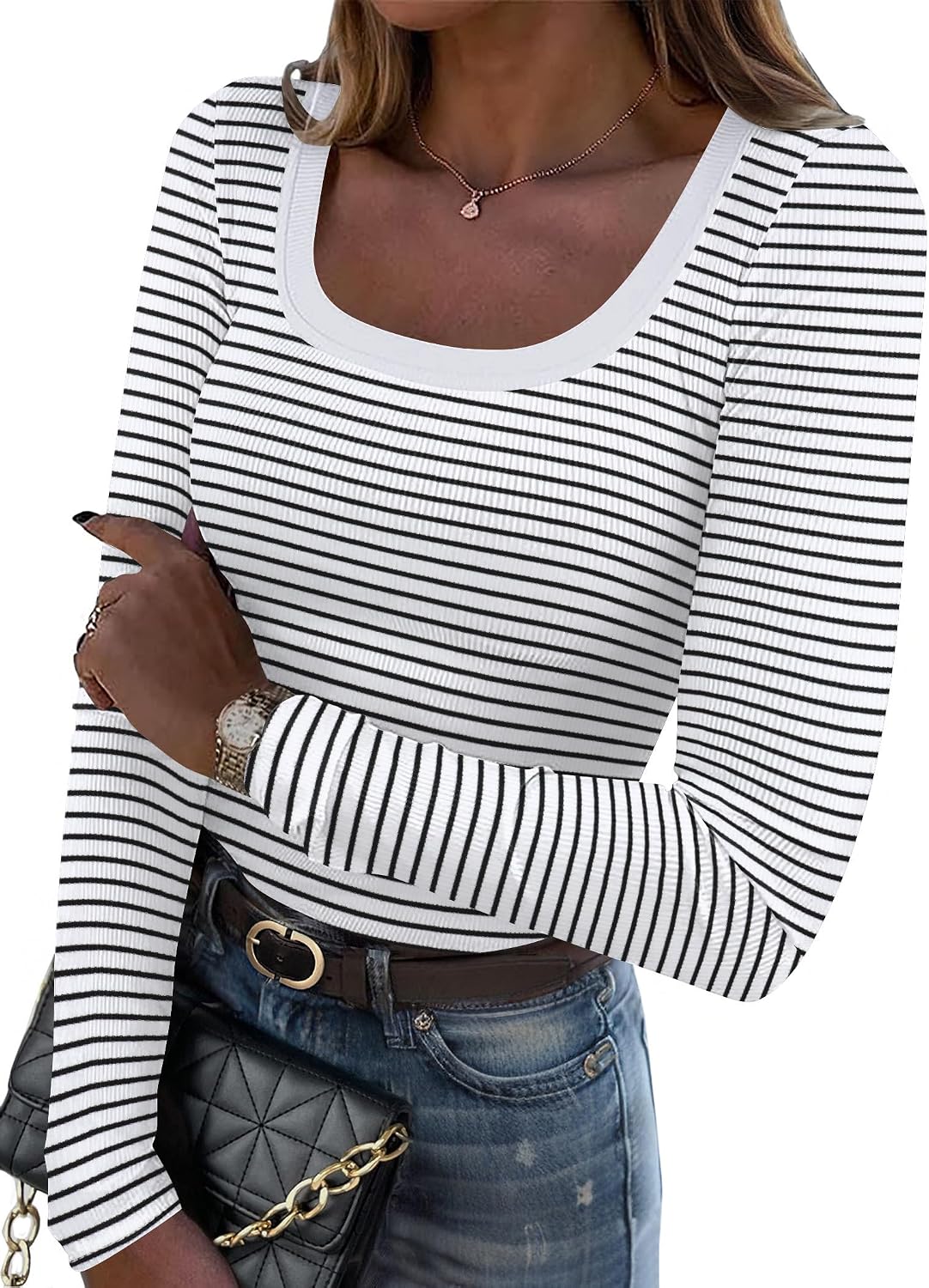 Women's Long Sleeve Scoop Neck Shirts Casual Slim Fit Rib Knit Tops Summer Fall Basic Business Work Tee