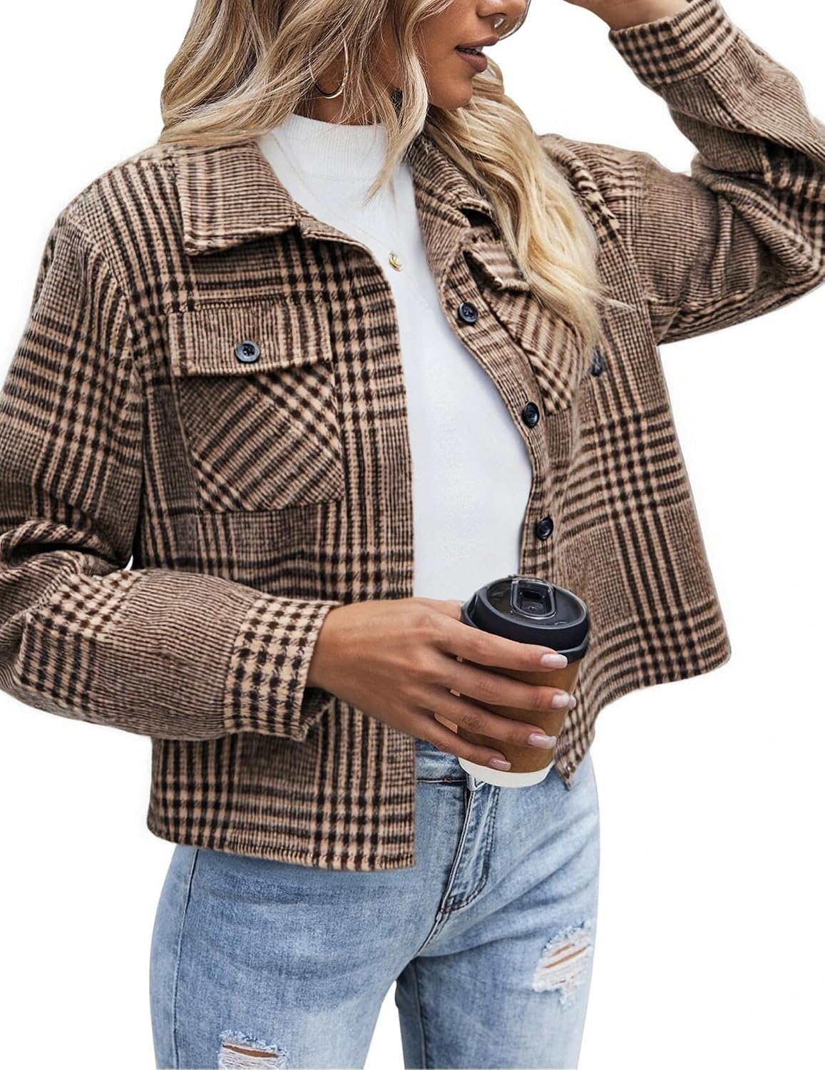 Flannels for Women Cropped Shacket Jacket Fashion Plaid Button Down Shirt 2026 Fall Coat Tops