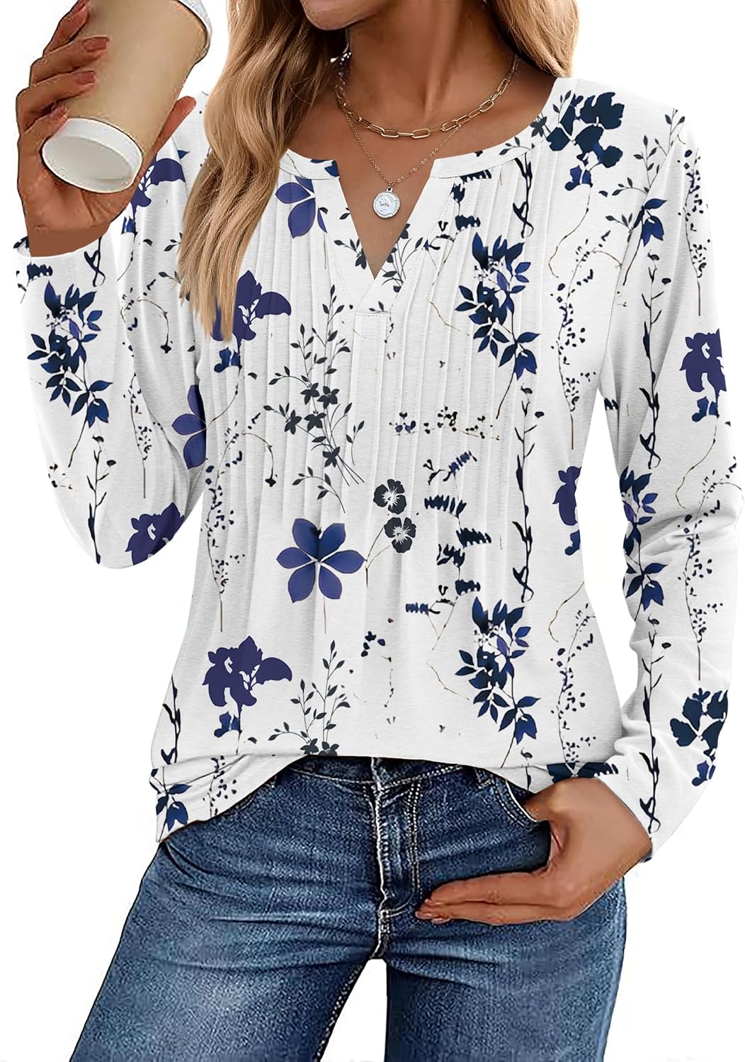 Womens Long Sleeve Tops 2026 V Neck Pleated Shirts Dressy Casual Tunic Blouses Loose Fit Fall Fashion Clothes
