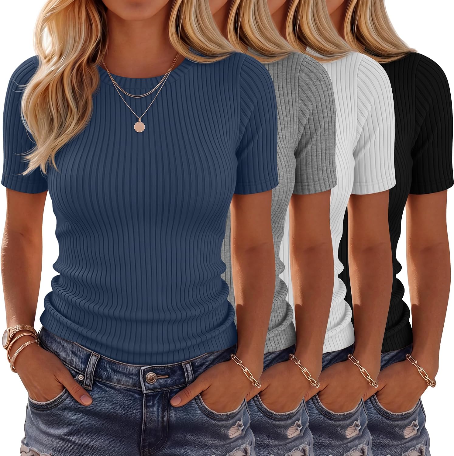 4 Pack Women’s Ribbed T-Shirts Cotton Short Sleeve Fitted Basic Tops Crew Neck Casual Shirts Summer Trendy Tees 2026