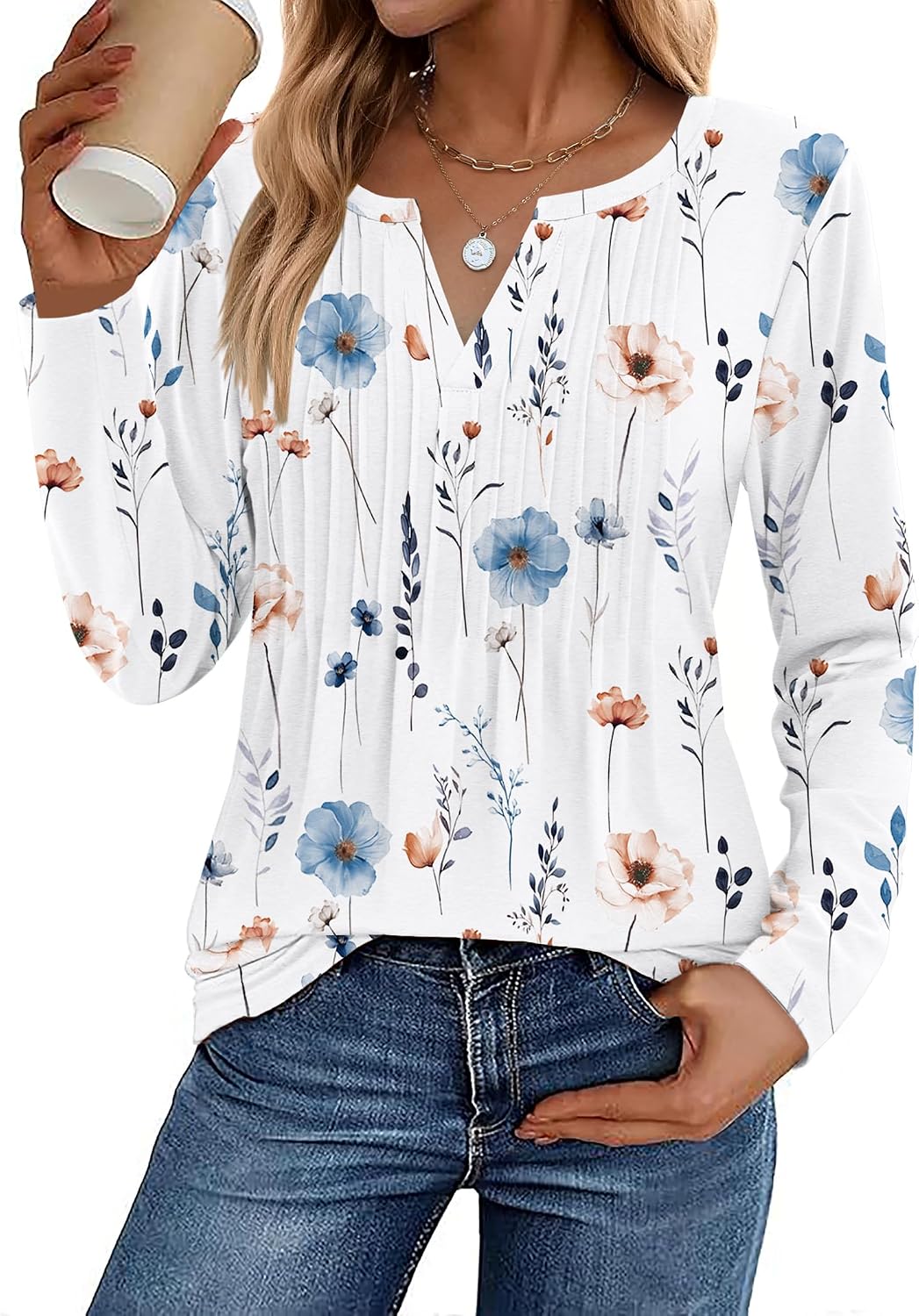 Womens Long Sleeve Tops 2026 V Neck Pleated Shirts Dressy Casual Tunic Blouses Loose Fit Fall Fashion Clothes