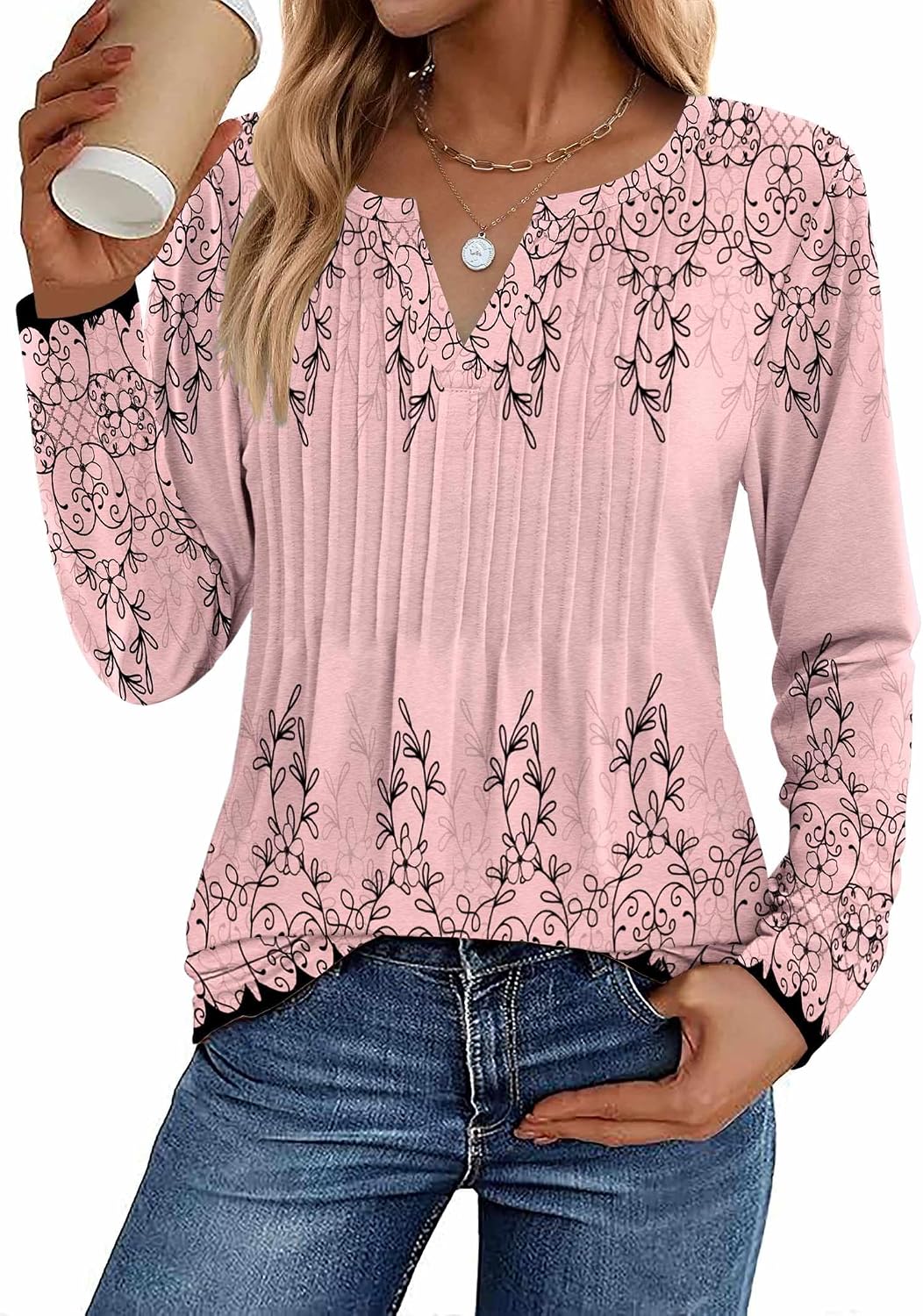 Womens Long Sleeve Tops 2026 V Neck Pleated Shirts Dressy Casual Tunic Blouses Loose Fit Fall Fashion Clothes
