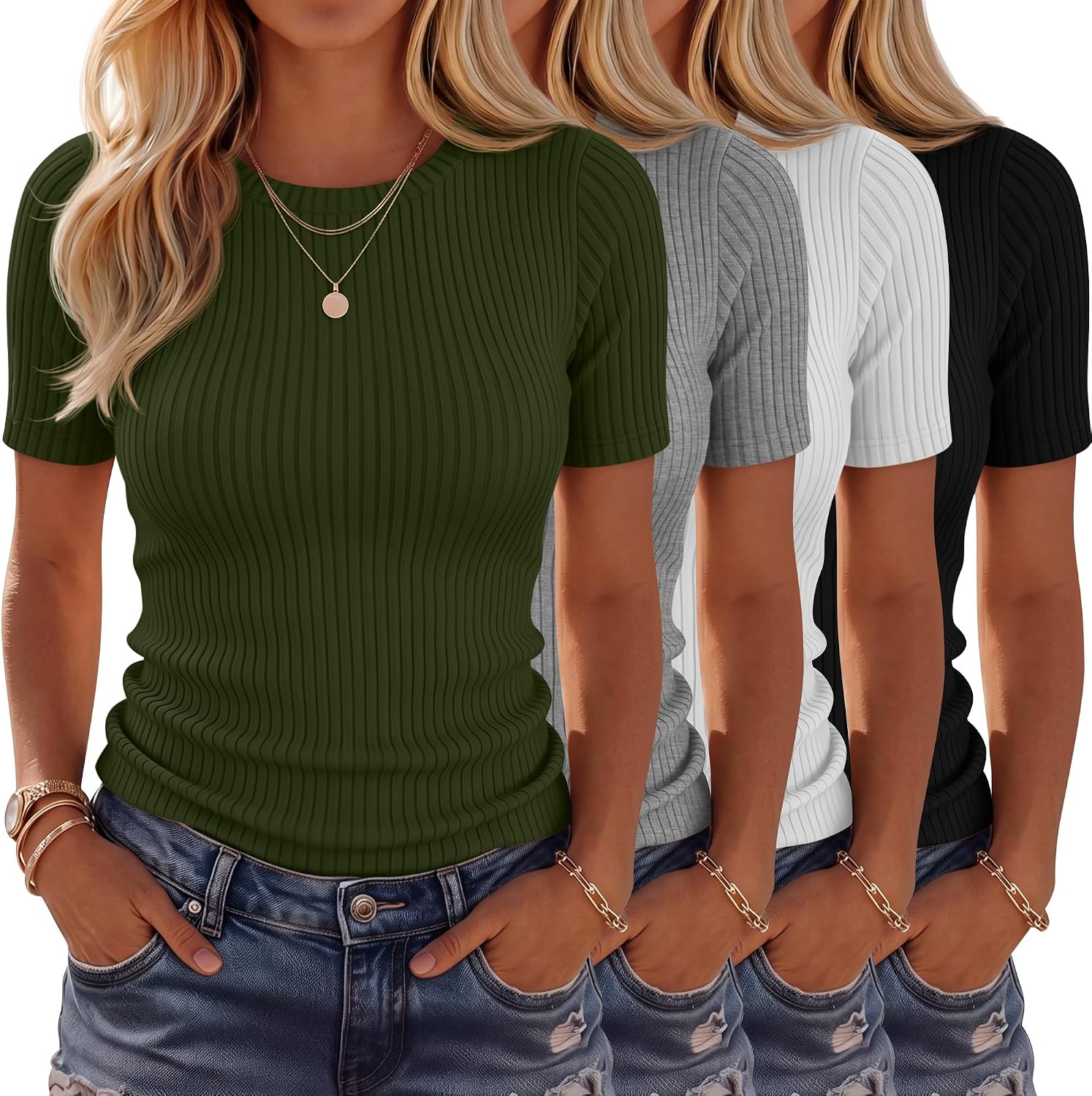 4 Pack Women’s Ribbed T-Shirts Cotton Short Sleeve Fitted Basic Tops Crew Neck Casual Shirts Summer Trendy Tees 2026