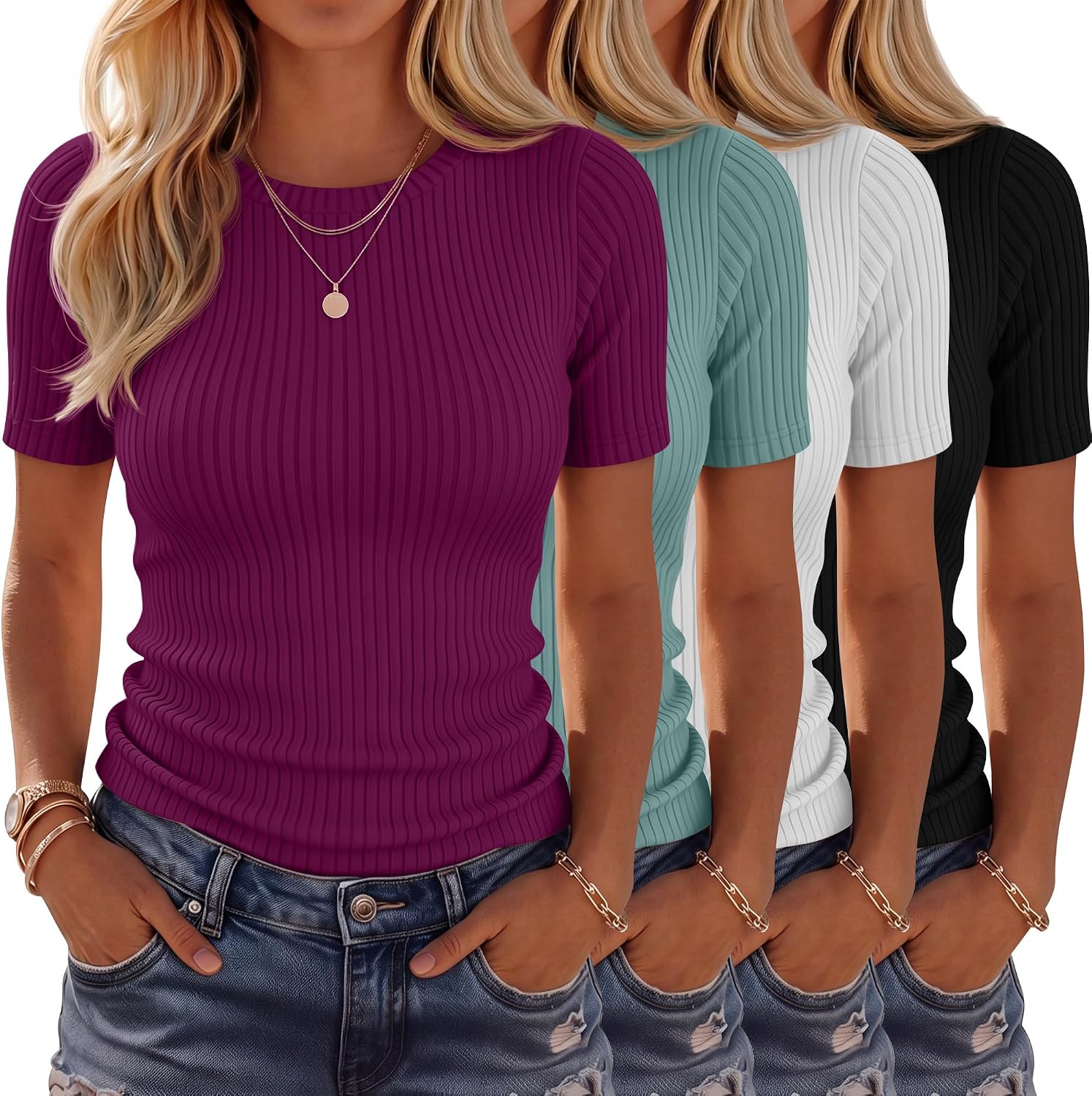 4 Pack Women’s Ribbed T-Shirts Cotton Short Sleeve Fitted Basic Tops Crew Neck Casual Shirts Summer Trendy Tees 2026
