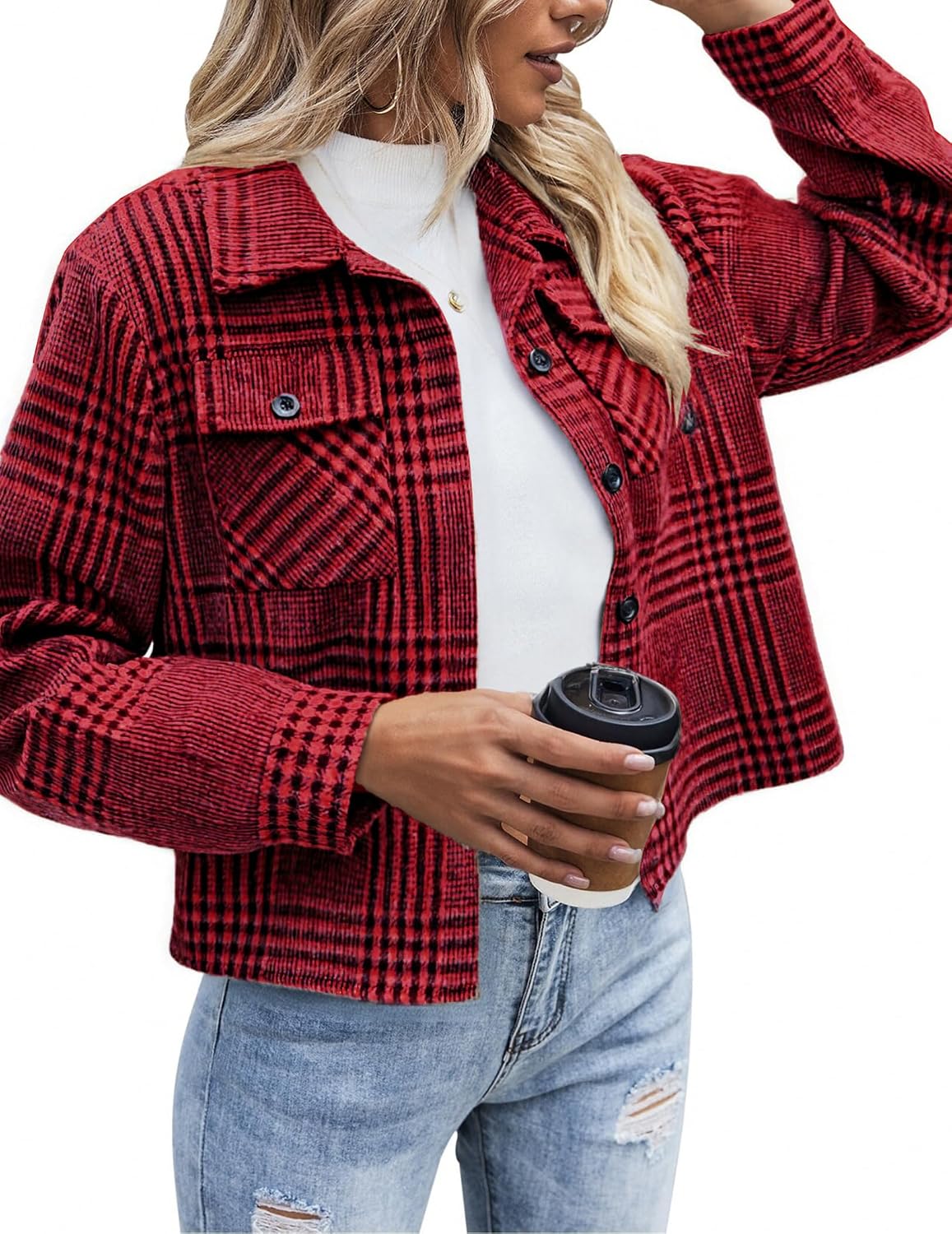 Flannels for Women Cropped Shacket Jacket Fashion Plaid Button Down Shirt 2026 Fall Coat Tops