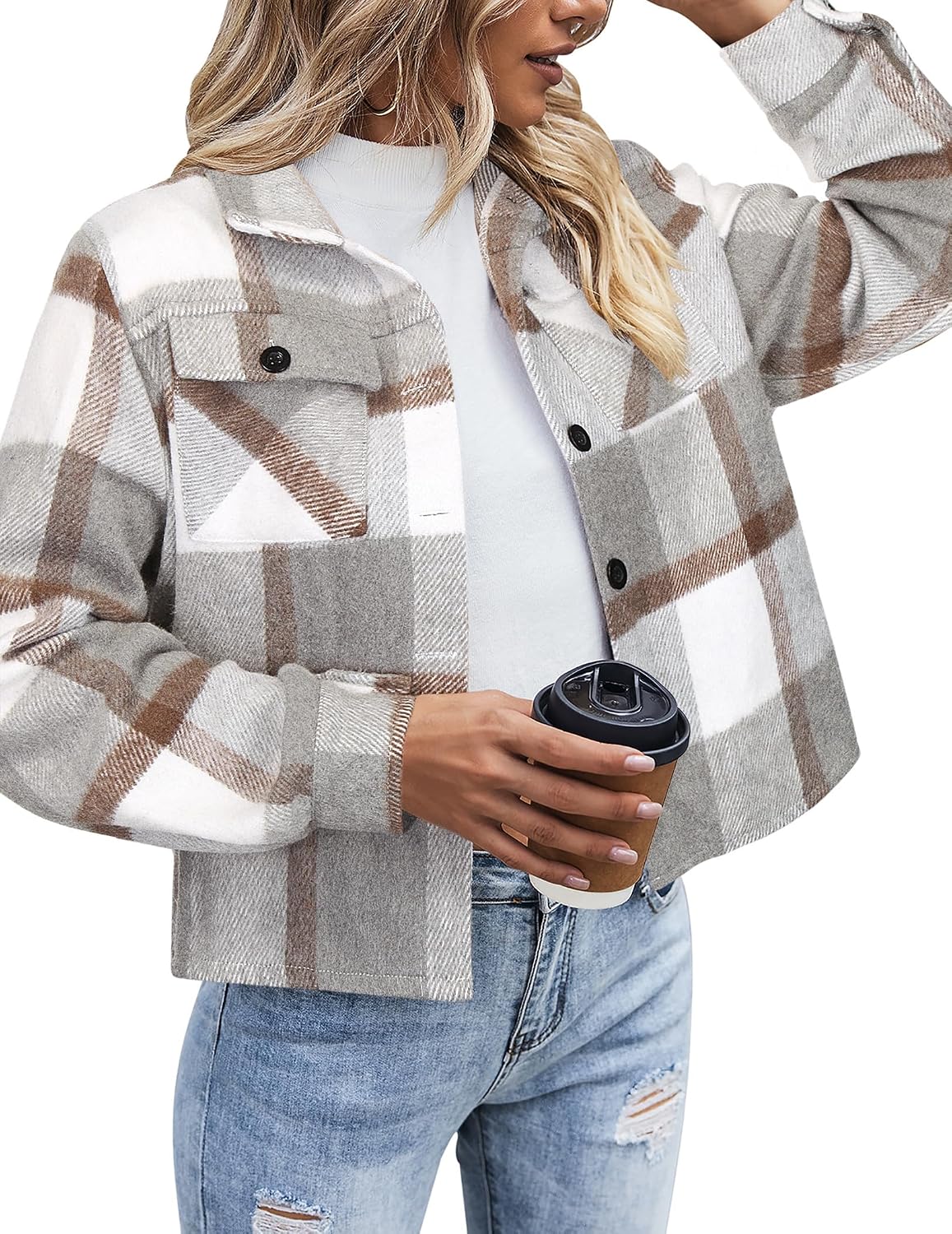 Flannels for Women Cropped Shacket Jacket Fashion Plaid Button Down Shirt 2026 Fall Coat Tops