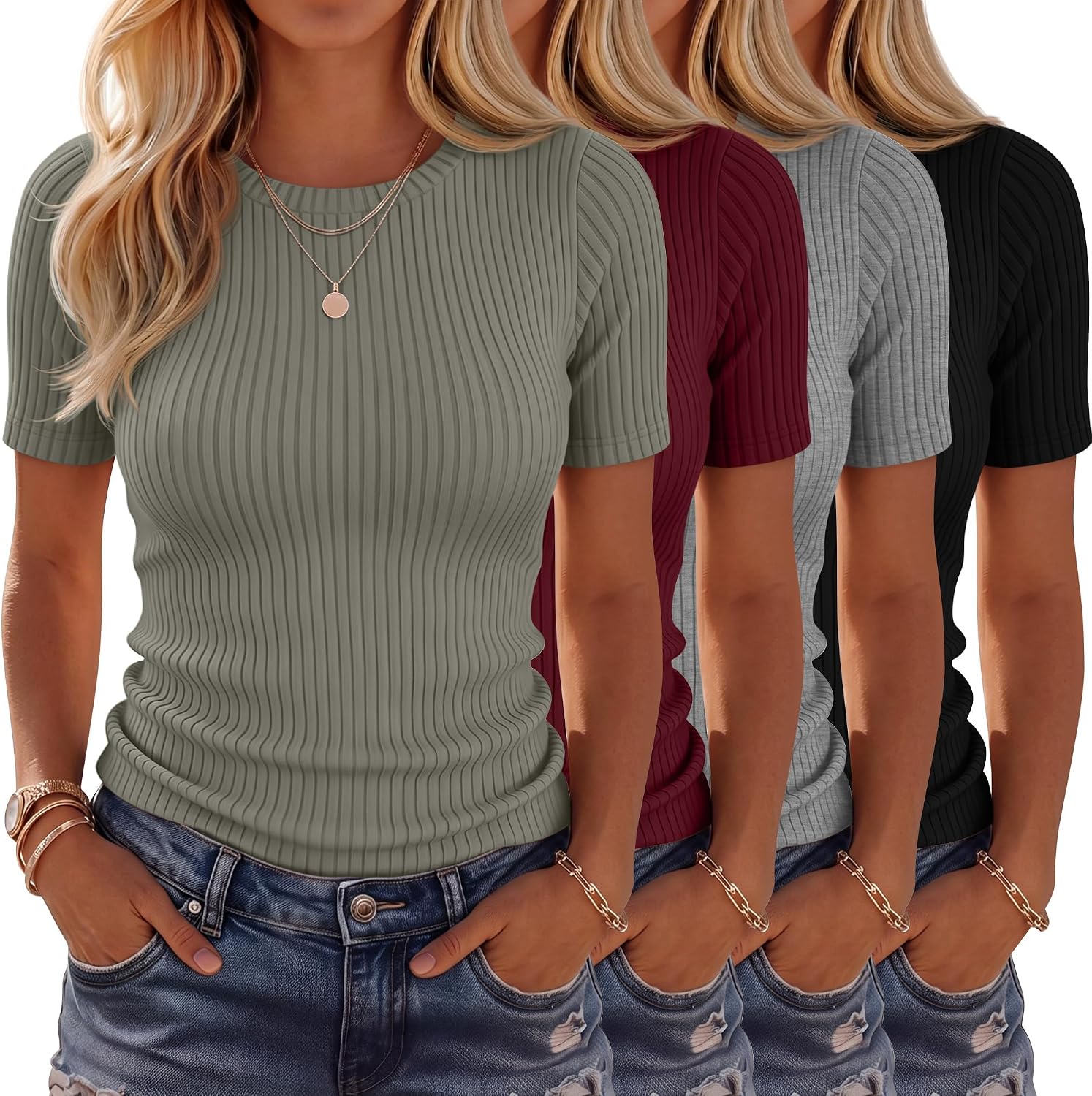 4 Pack Women’s Ribbed T-Shirts Cotton Short Sleeve Fitted Basic Tops Crew Neck Casual Shirts Summer Trendy Tees 2026