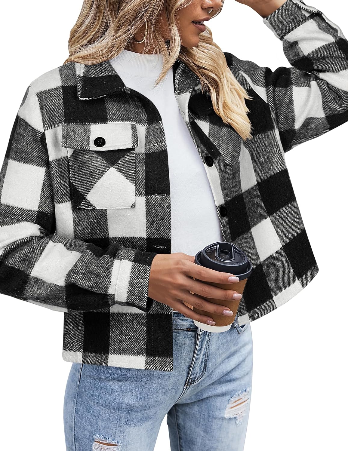 Flannels for Women Cropped Shacket Jacket Fashion Plaid Button Down Shirt 2026 Fall Coat Tops