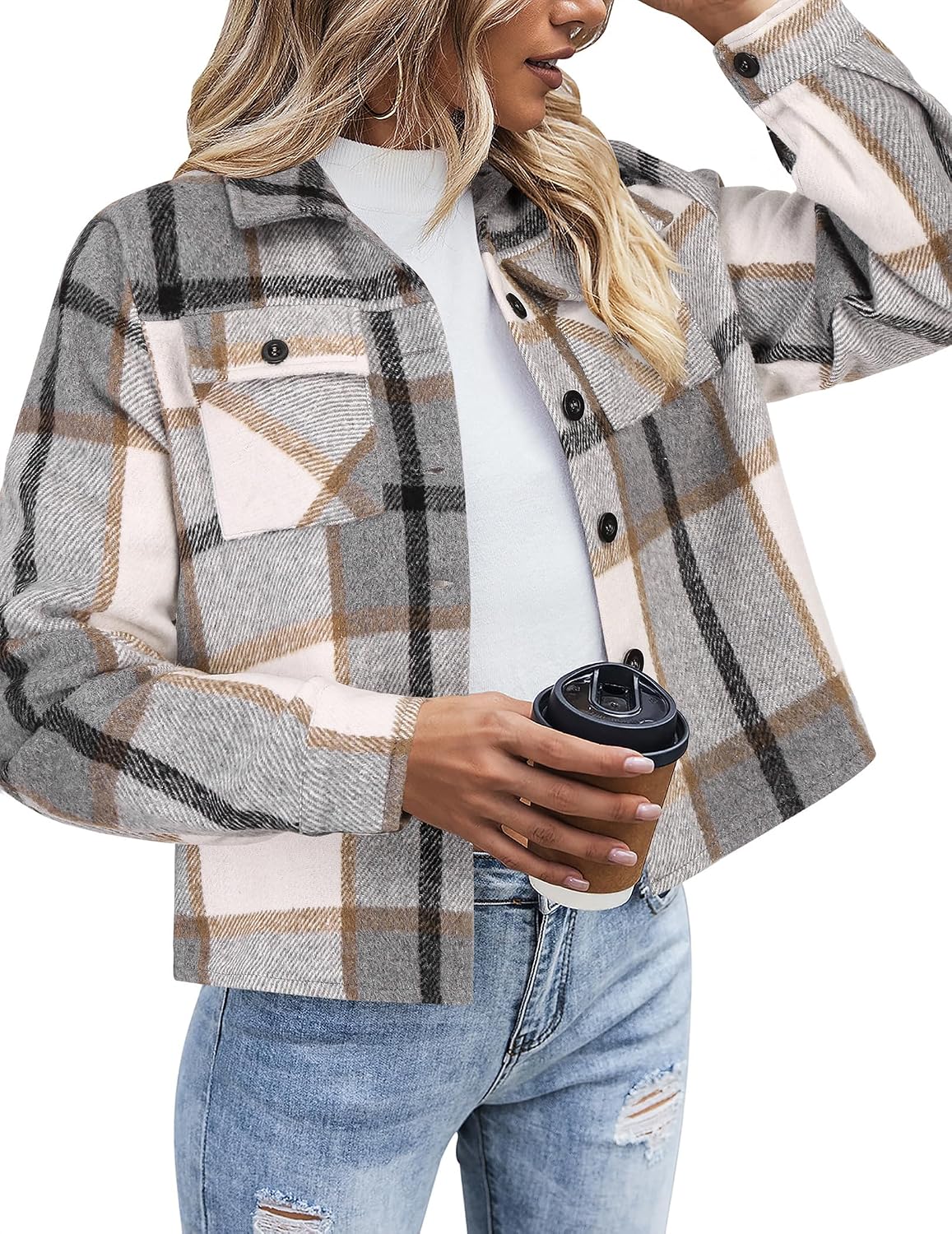 Flannels for Women Cropped Shacket Jacket Fashion Plaid Button Down Shirt 2026 Fall Coat Tops