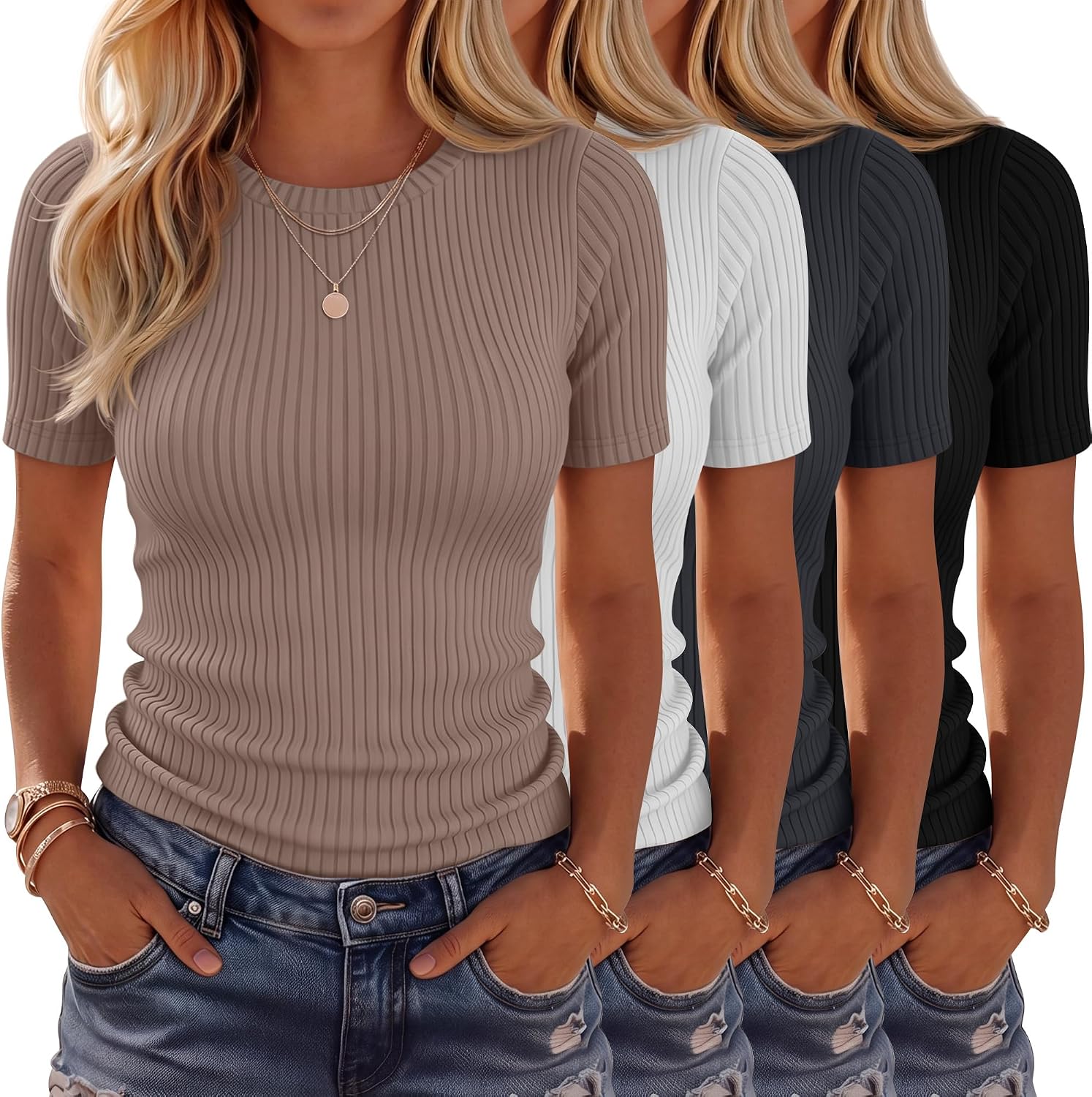 4 Pack Women’s Ribbed T-Shirts Cotton Short Sleeve Fitted Basic Tops Crew Neck Casual Shirts Summer Trendy Tees 2026