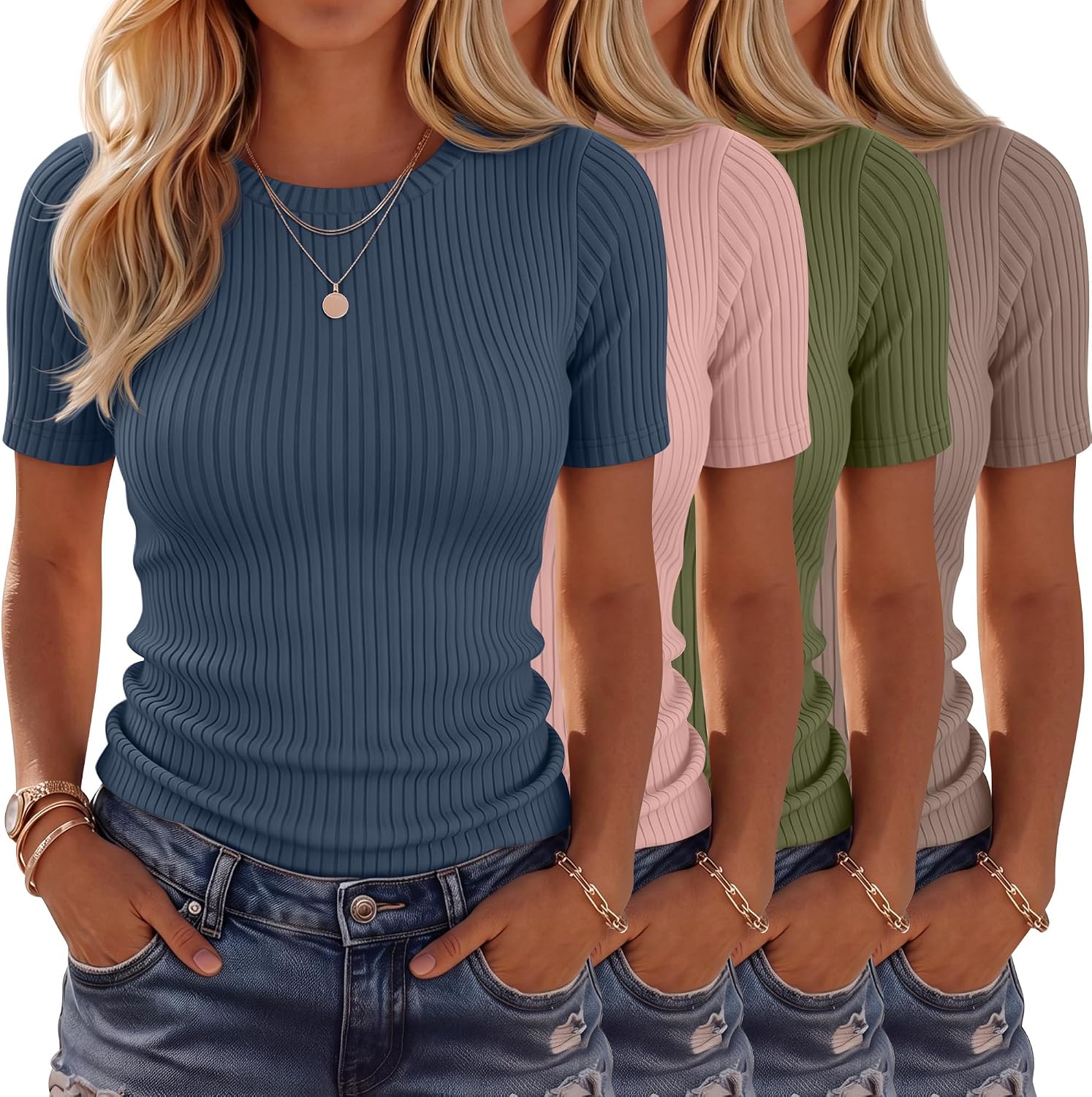 4 Pack Women’s Ribbed T-Shirts Cotton Short Sleeve Fitted Basic Tops Crew Neck Casual Shirts Summer Trendy Tees 2026