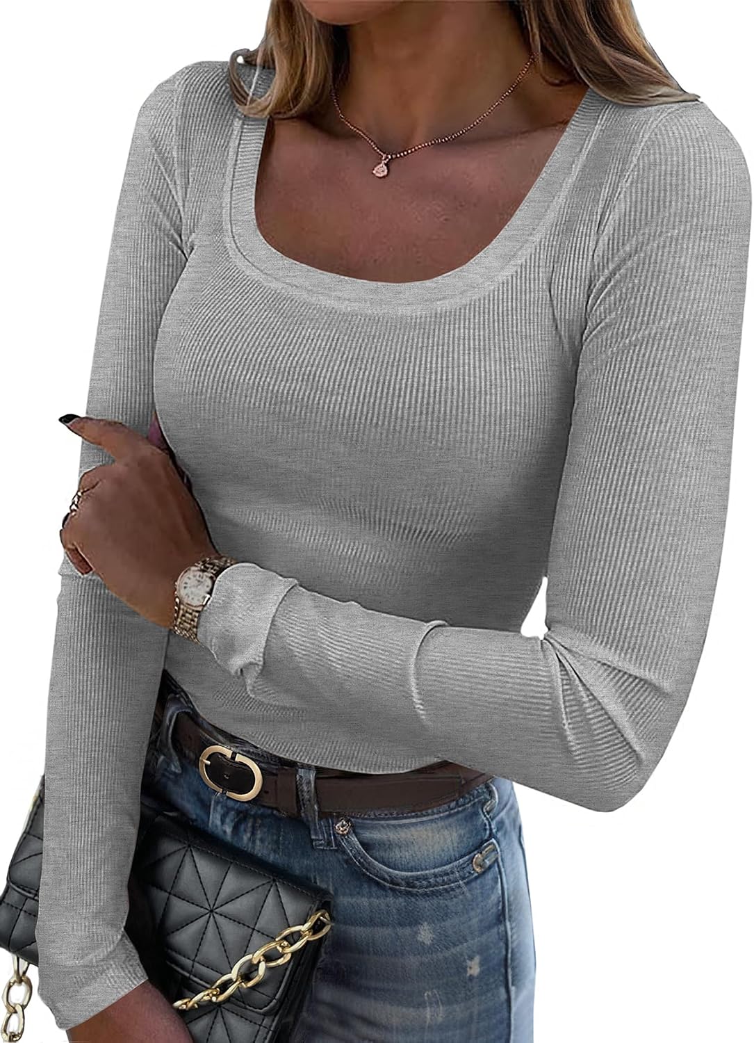 Women's Long Sleeve Scoop Neck Shirts Casual Slim Fit Rib Knit Tops Summer Fall Basic Business Work Tee