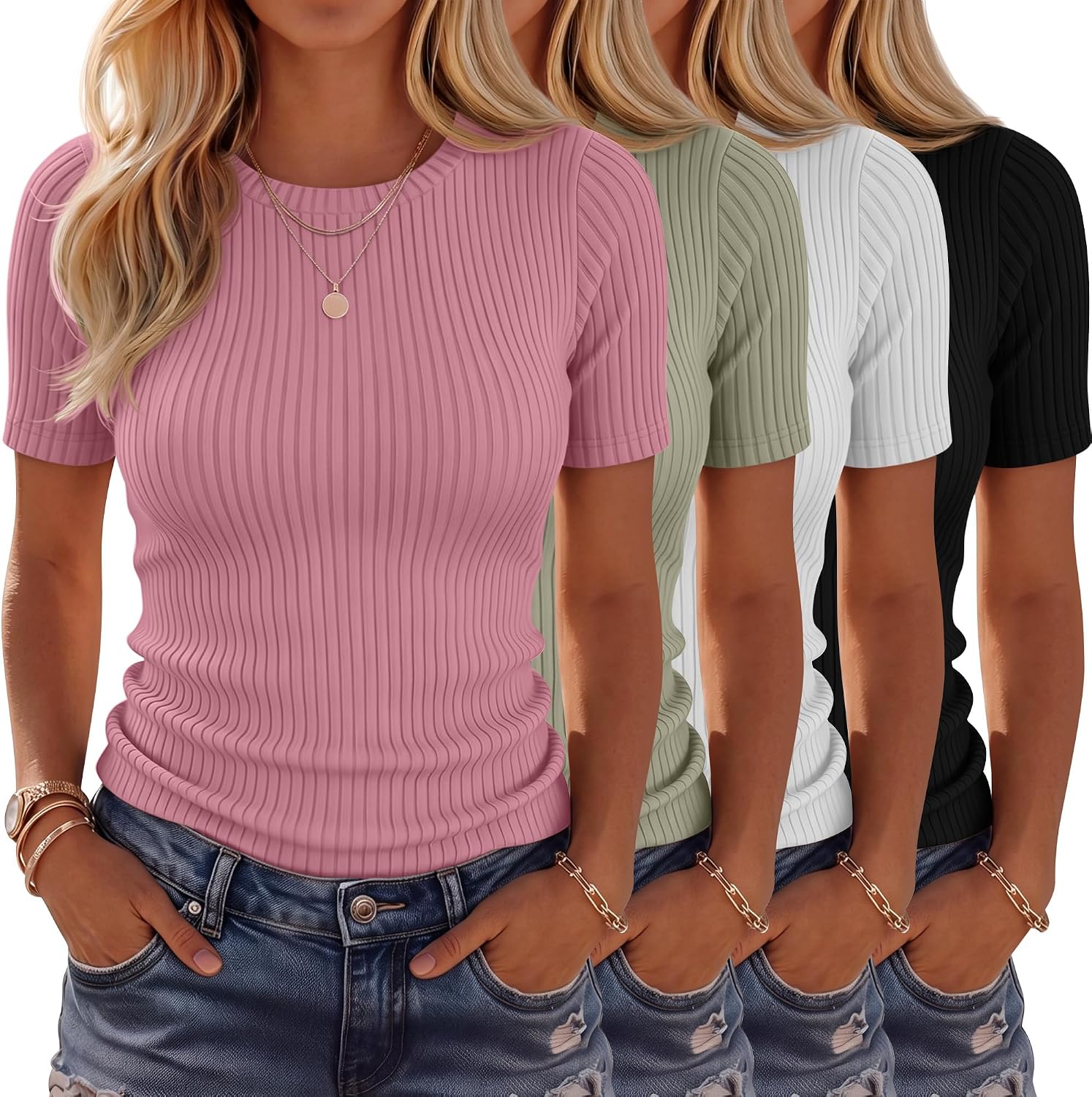 4 Pack Women’s Ribbed T-Shirts Cotton Short Sleeve Fitted Basic Tops Crew Neck Casual Shirts Summer Trendy Tees 2026
