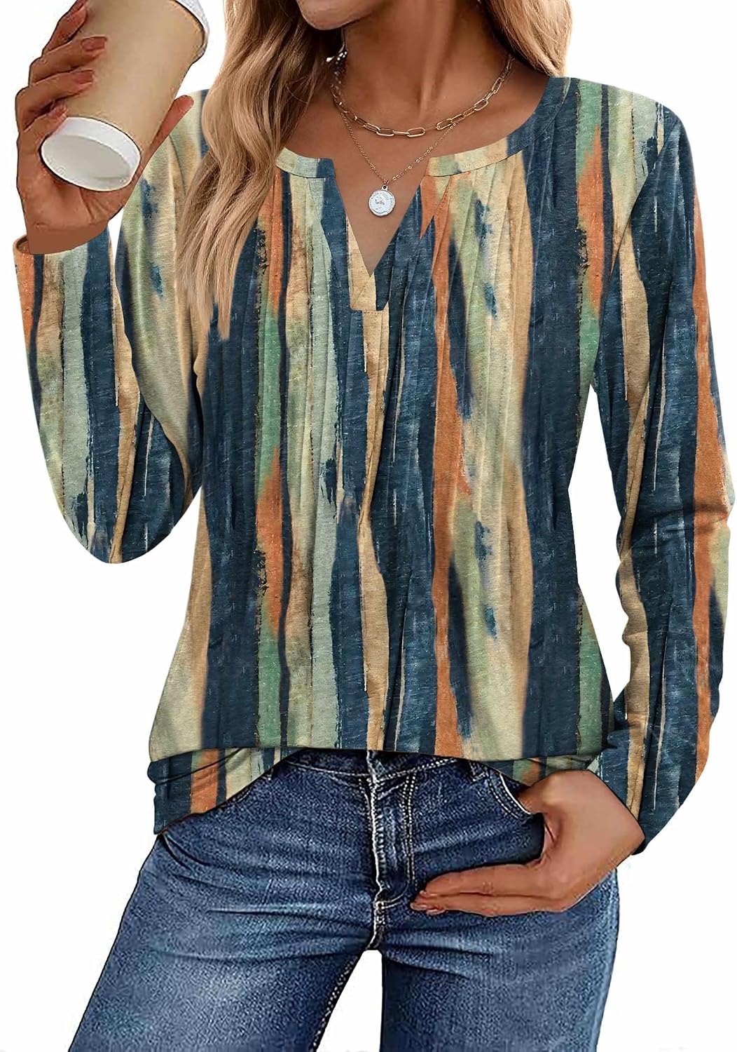 Womens Long Sleeve Tops 2026 V Neck Pleated Shirts Dressy Casual Tunic Blouses Loose Fit Fall Fashion Clothes