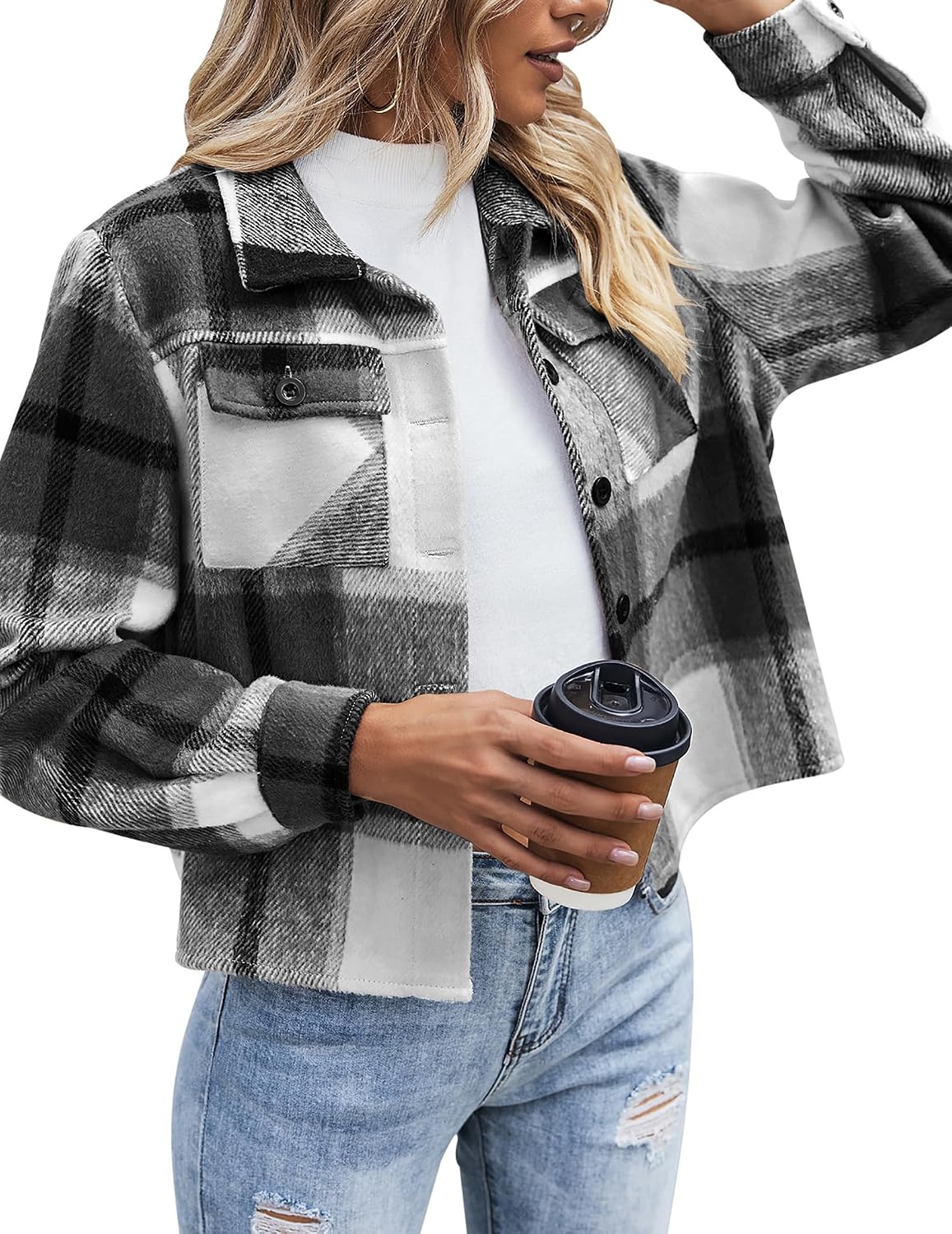 Flannels for Women Cropped Shacket Jacket Fashion Plaid Button Down Shirt 2026 Fall Coat Tops