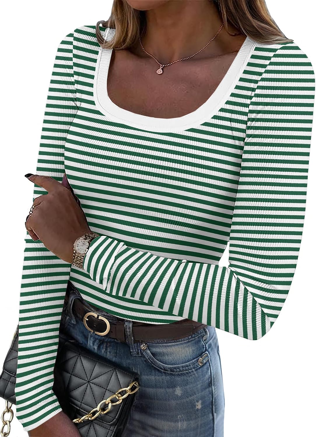 Women's Long Sleeve Scoop Neck Shirts Casual Slim Fit Rib Knit Tops Summer Fall Basic Business Work Tee