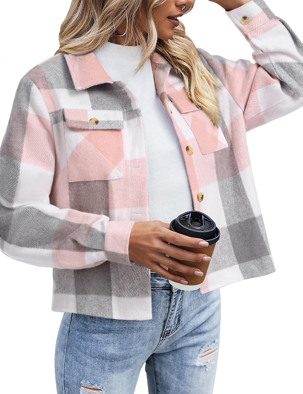 Flannels for Women Cropped Shacket Jacket Fashion Plaid Button Down Shirt 2026 Fall Coat Tops