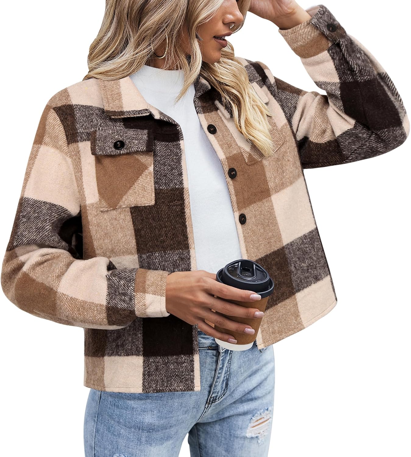 Flannels for Women Cropped Shacket Jacket Fashion Plaid Button Down Shirt 2026 Fall Coat Tops
