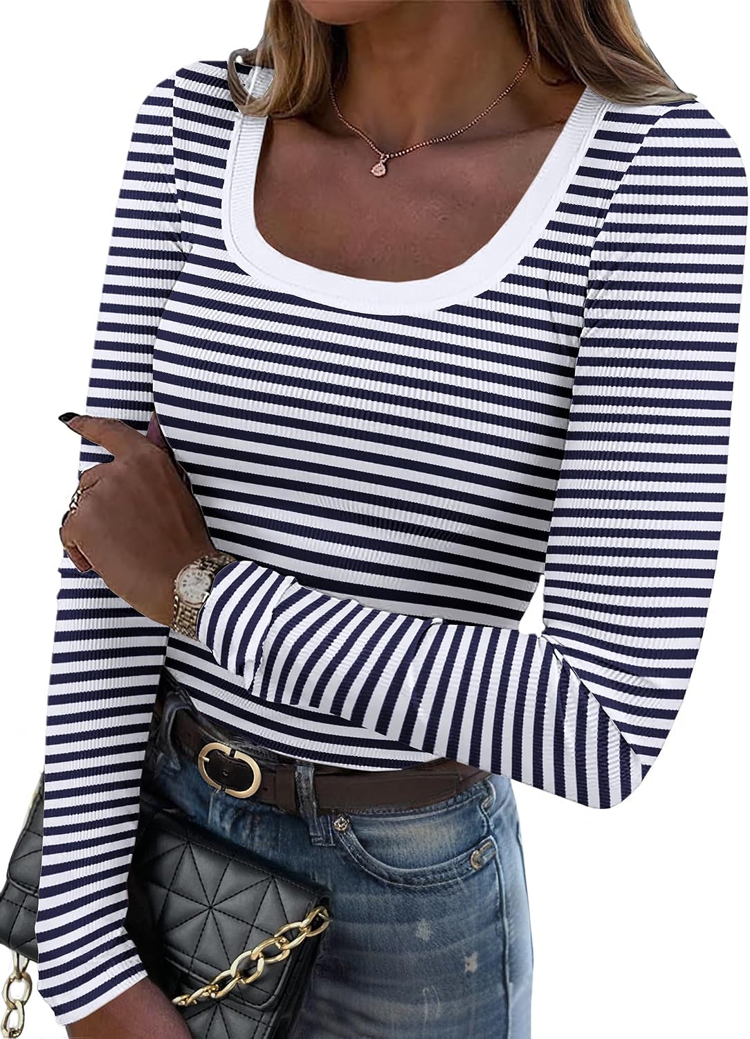 Women's Long Sleeve Scoop Neck Shirts Casual Slim Fit Rib Knit Tops Summer Fall Basic Business Work Tee
