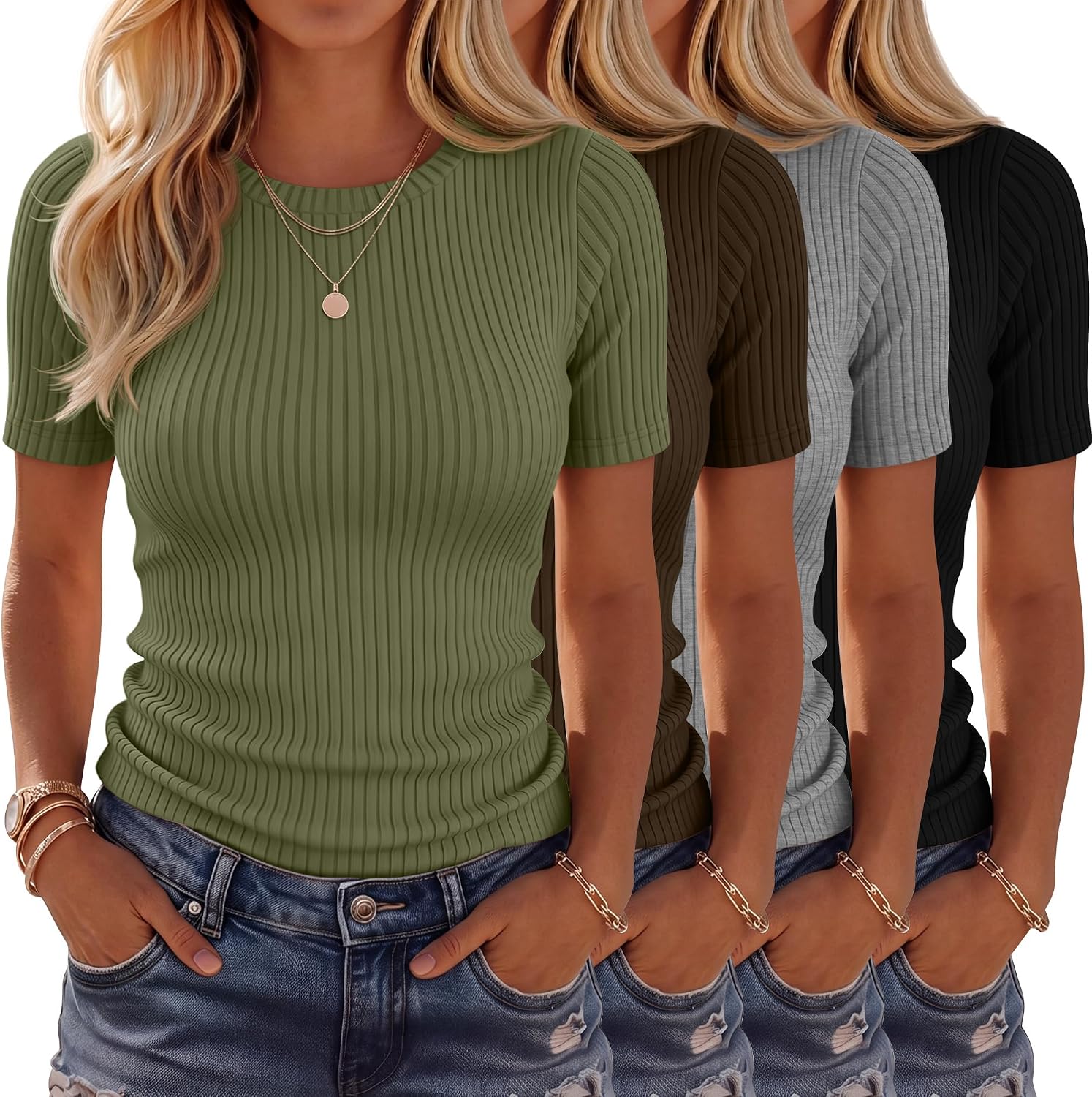 4 Pack Women’s Ribbed T-Shirts Cotton Short Sleeve Fitted Basic Tops Crew Neck Casual Shirts Summer Trendy Tees 2026