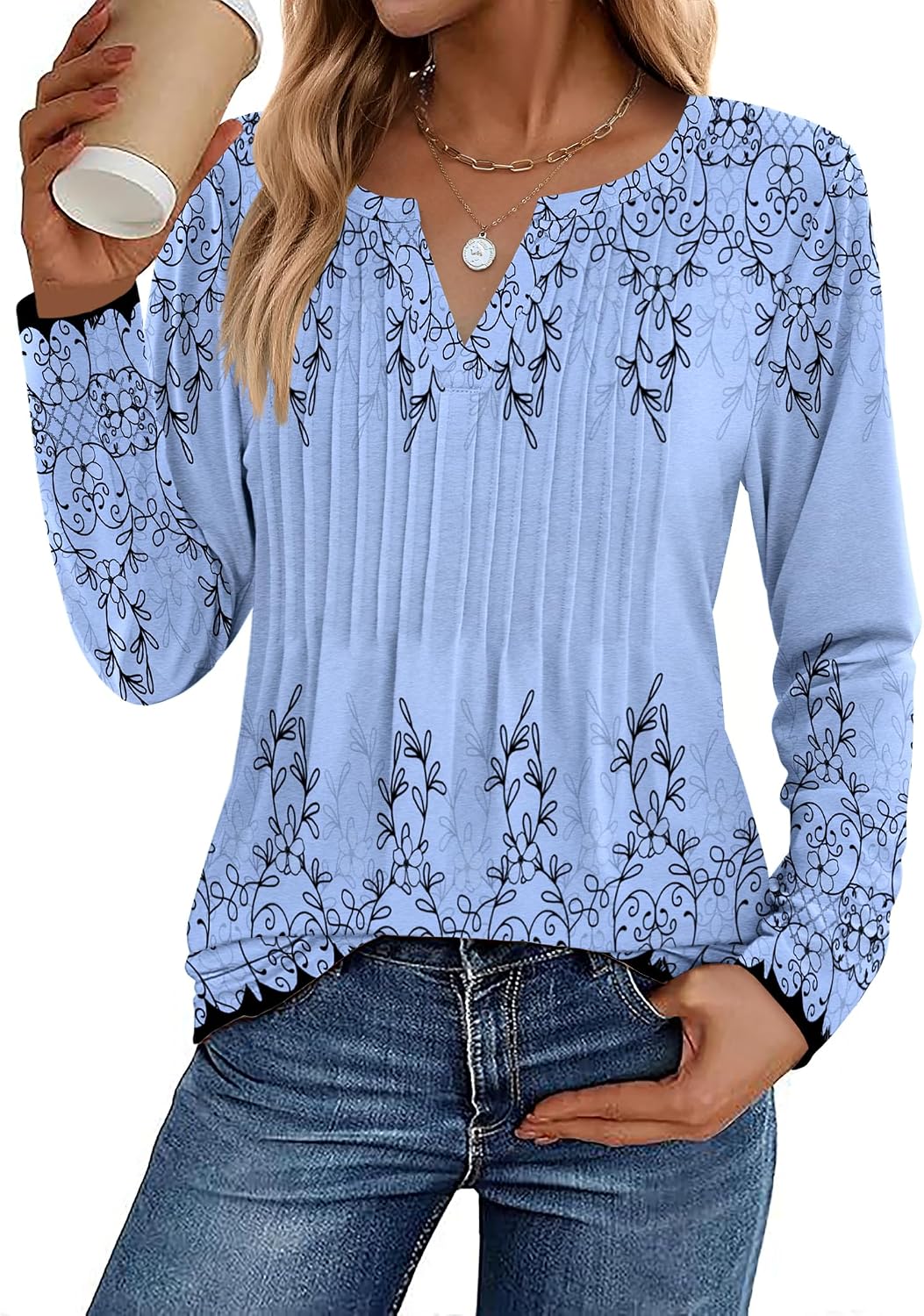 Womens Long Sleeve Tops 2026 V Neck Pleated Shirts Dressy Casual Tunic Blouses Loose Fit Fall Fashion Clothes