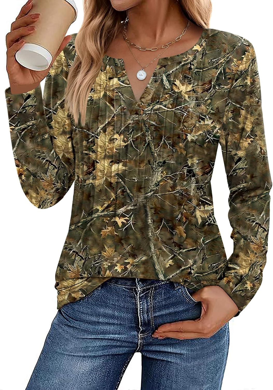 Womens Long Sleeve Tops 2026 V Neck Pleated Shirts Dressy Casual Tunic Blouses Loose Fit Fall Fashion Clothes