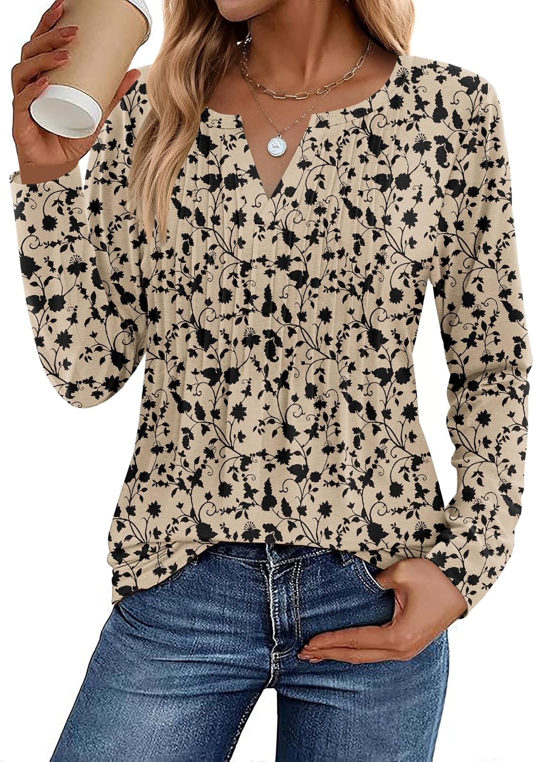 Womens Long Sleeve Tops 2026 V Neck Pleated Shirts Dressy Casual Tunic Blouses Loose Fit Fall Fashion Clothes