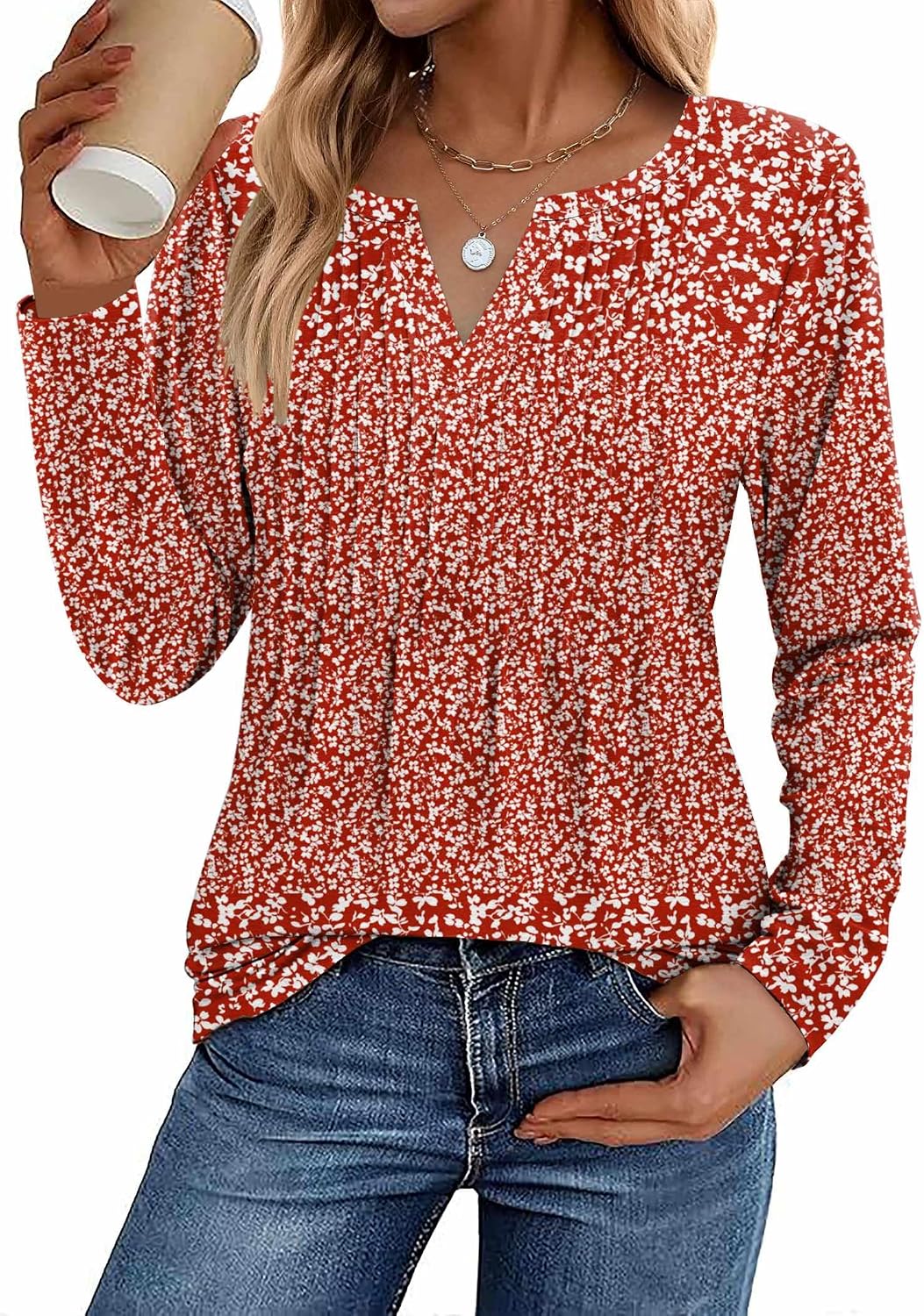 Womens Long Sleeve Tops 2026 V Neck Pleated Shirts Dressy Casual Tunic Blouses Loose Fit Fall Fashion Clothes