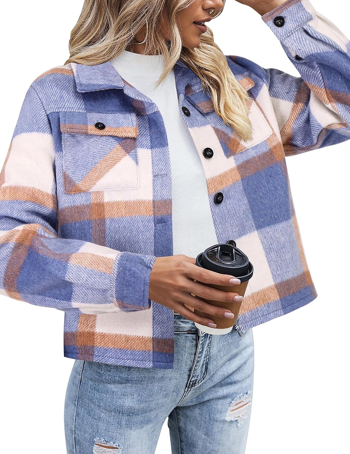 Flannels for Women Cropped Shacket Jacket Fashion Plaid Button Down Shirt 2026 Fall Coat Tops