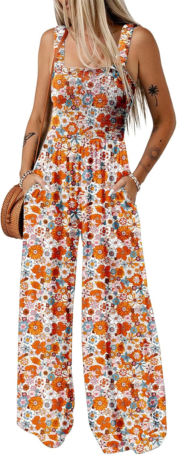 Women's Casual Loose Overalls Jumpsuits One Piece Sleeveless Printed Wide Leg Long Pant Rompers With Pockets