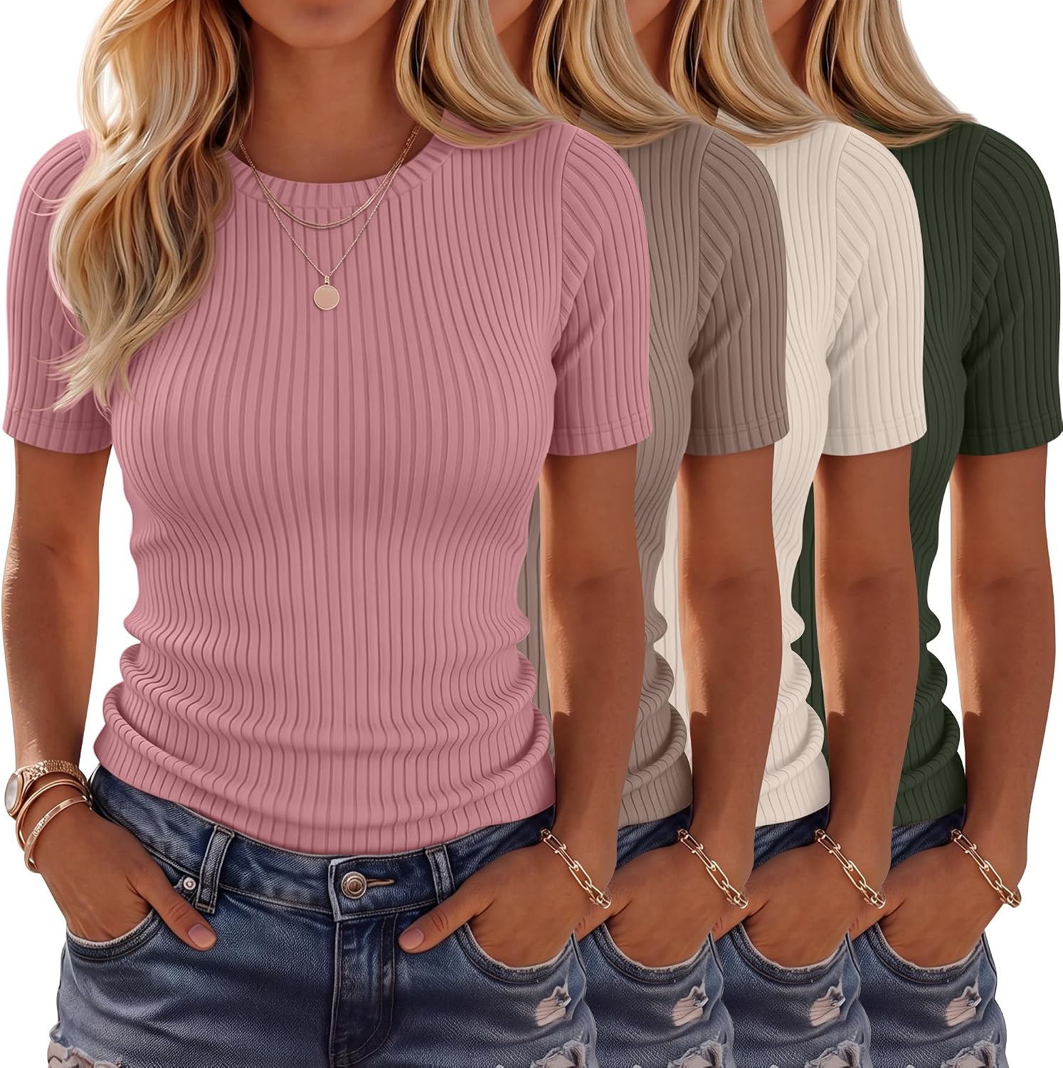 4 Pack Women’s Ribbed T-Shirts Cotton Short Sleeve Fitted Basic Tops Crew Neck Casual Shirts Summer Trendy Tees 2026