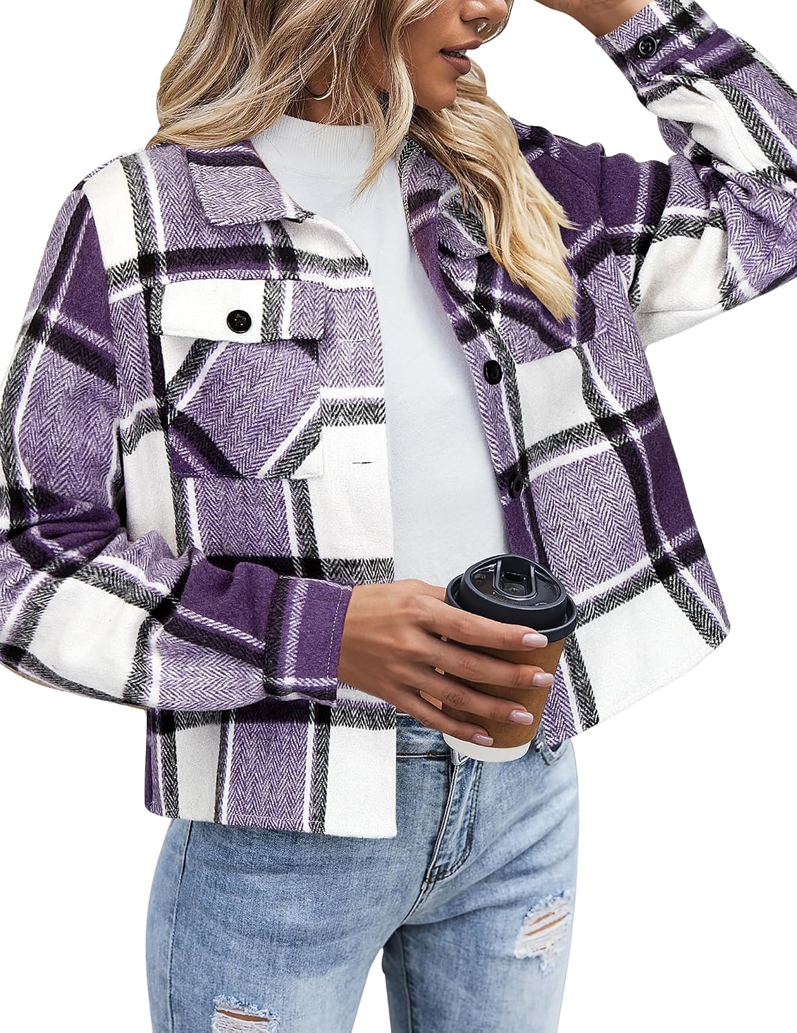 Flannels for Women Cropped Shacket Jacket Fashion Plaid Button Down Shirt 2026 Fall Coat Tops