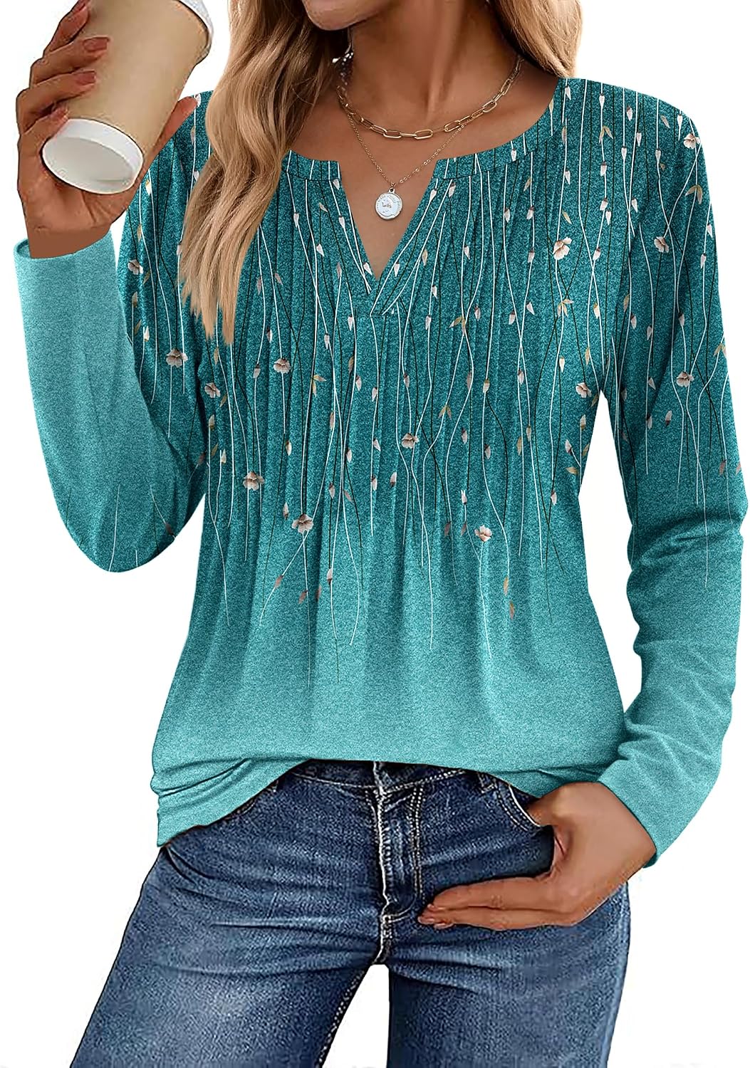 Womens Long Sleeve Tops 2026 V Neck Pleated Shirts Dressy Casual Tunic Blouses Loose Fit Fall Fashion Clothes