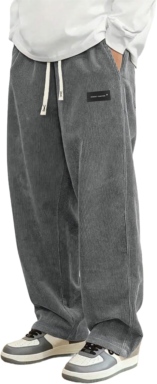 Mens Corduroy Casual Pants Fashion Loose Fit Wide Leg Pants Straight Sweatpants Elastic Waist Drawstring