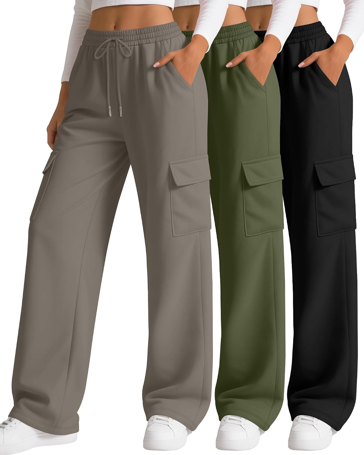 3 Pack Women's Cargo Sweatpants Wide Leg Baggy Loose Elastic Drawstring Pants Casual Athletic Joggers with 4 Pockets