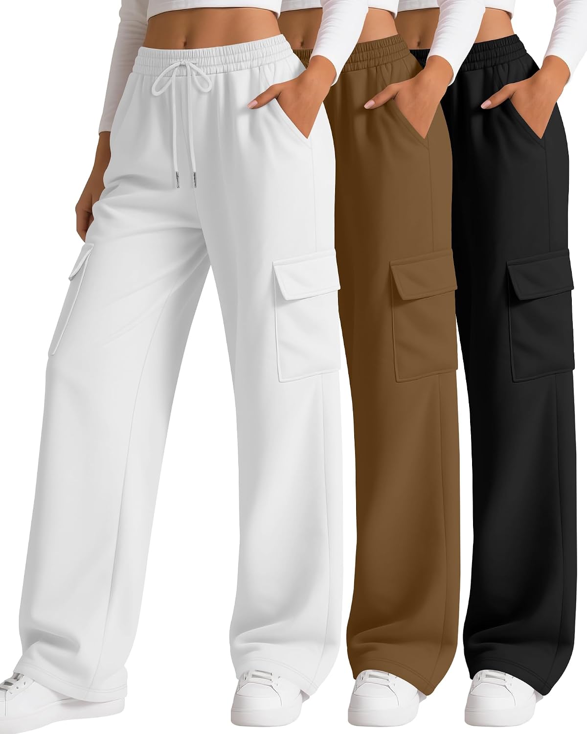 3 Pack Women's Cargo Sweatpants Wide Leg Baggy Loose Elastic Drawstring Pants Casual Athletic Joggers with 4 Pockets