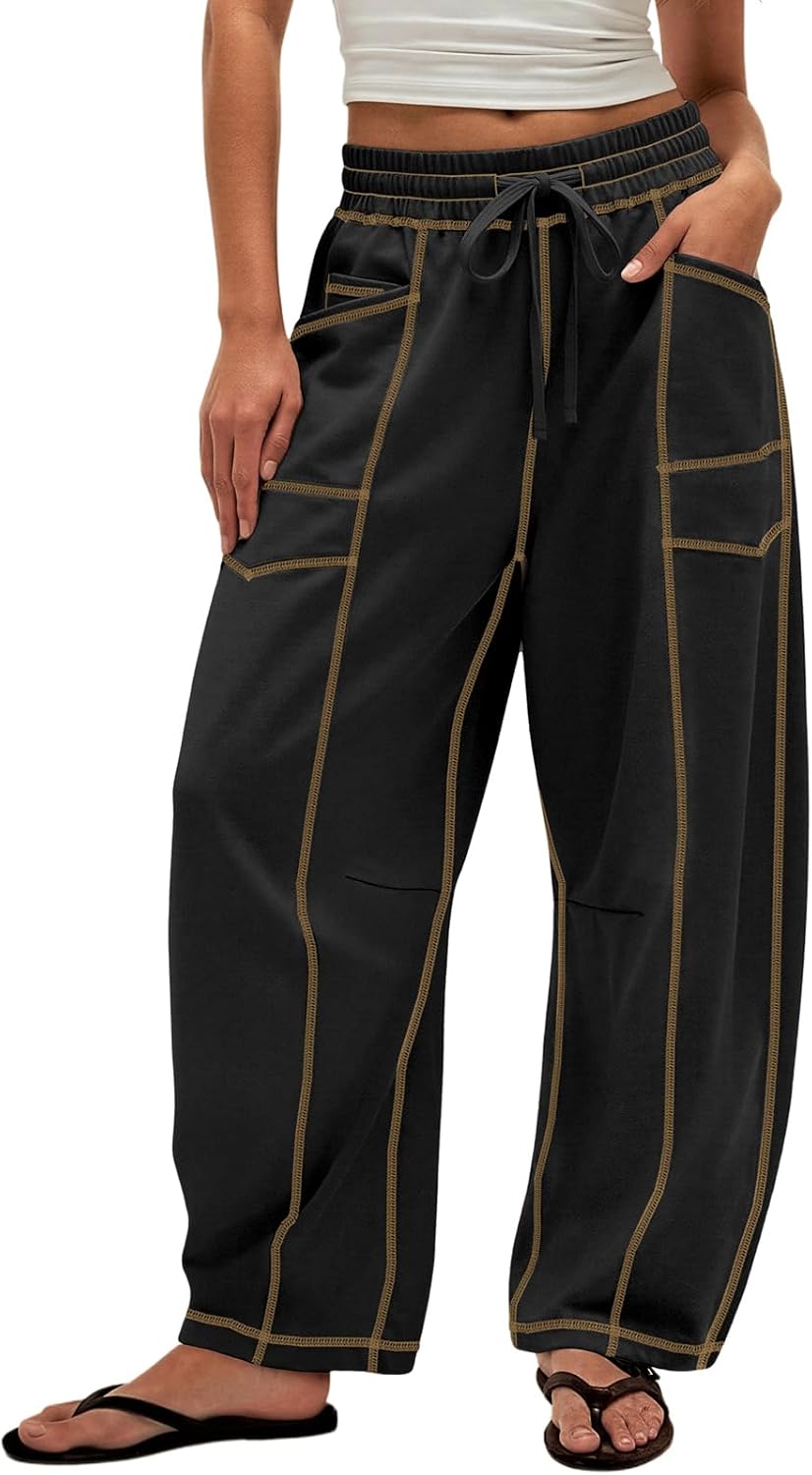 Womens Baggy Barrel Sweatpants Wide Leg Drawstring Lounge Sweat Pants with Pockets