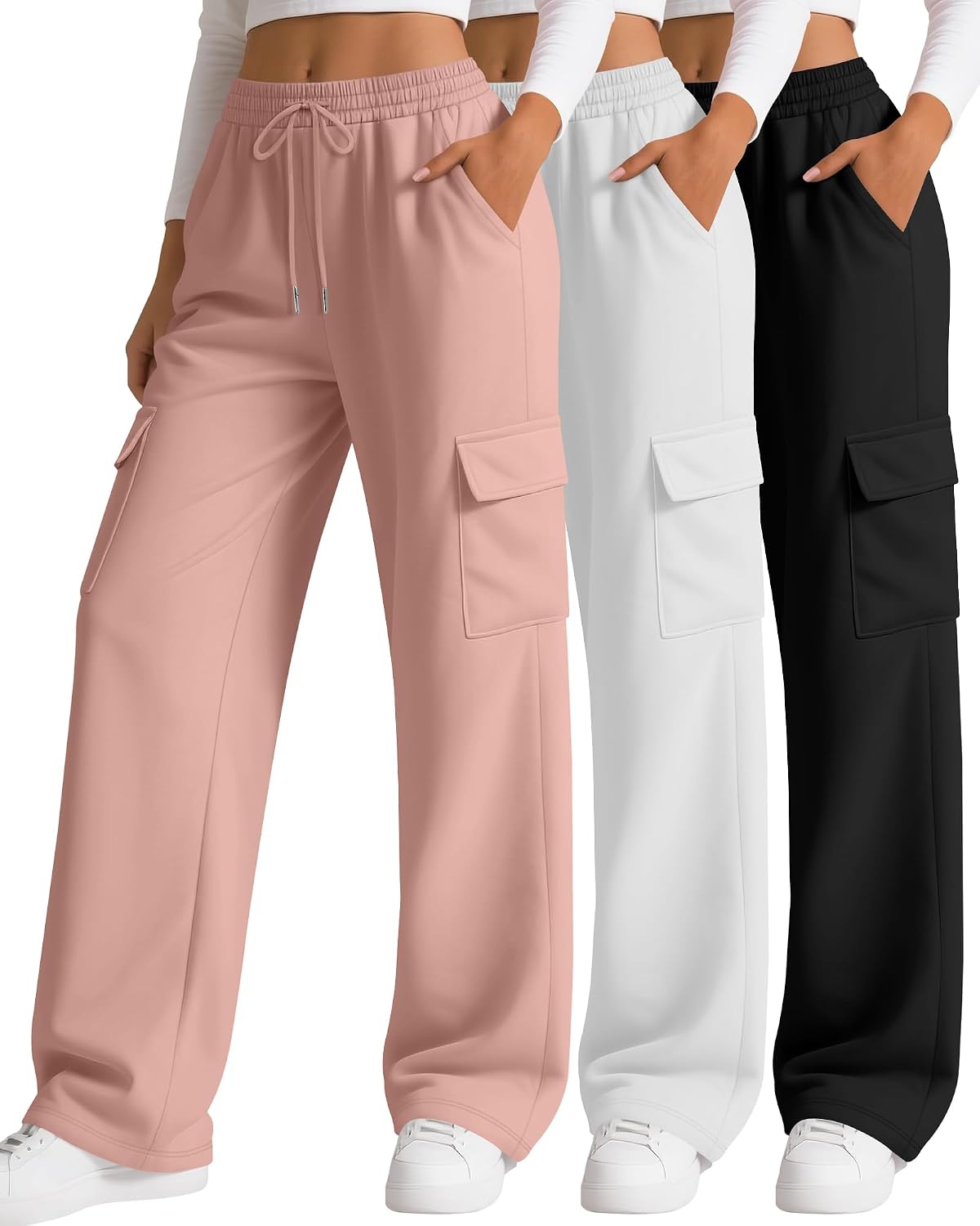 3 Pack Women's Cargo Sweatpants Wide Leg Baggy Loose Elastic Drawstring Pants Casual Athletic Joggers with 4 Pockets