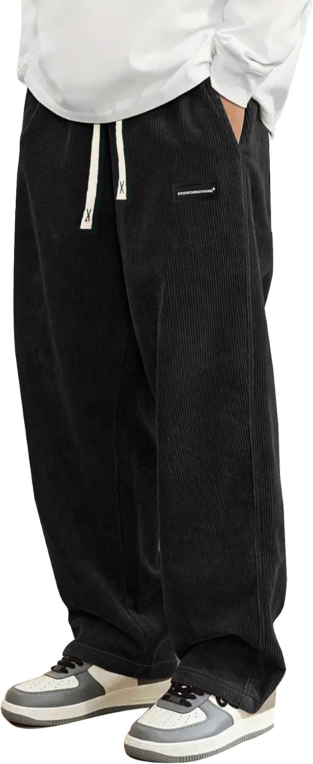 Mens Corduroy Casual Pants Fashion Loose Fit Wide Leg Pants Straight Sweatpants Elastic Waist Drawstring