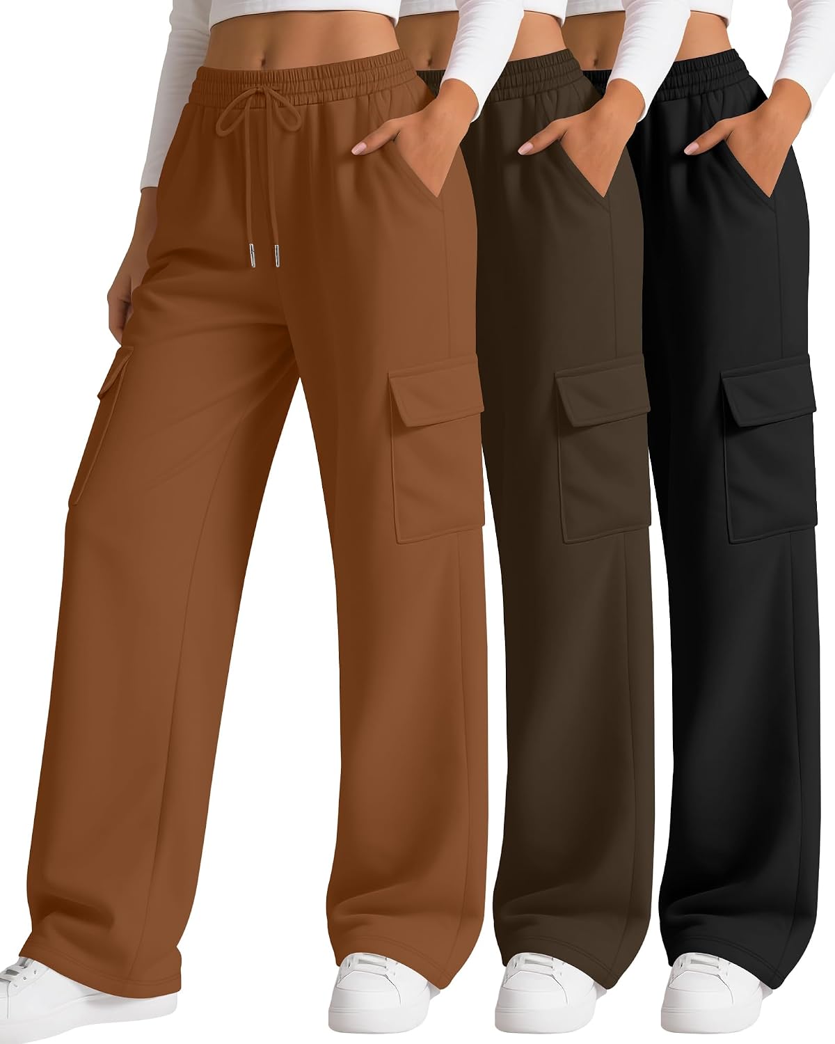 3 Pack Women's Cargo Sweatpants Wide Leg Baggy Loose Elastic Drawstring Pants Casual Athletic Joggers with 4 Pockets