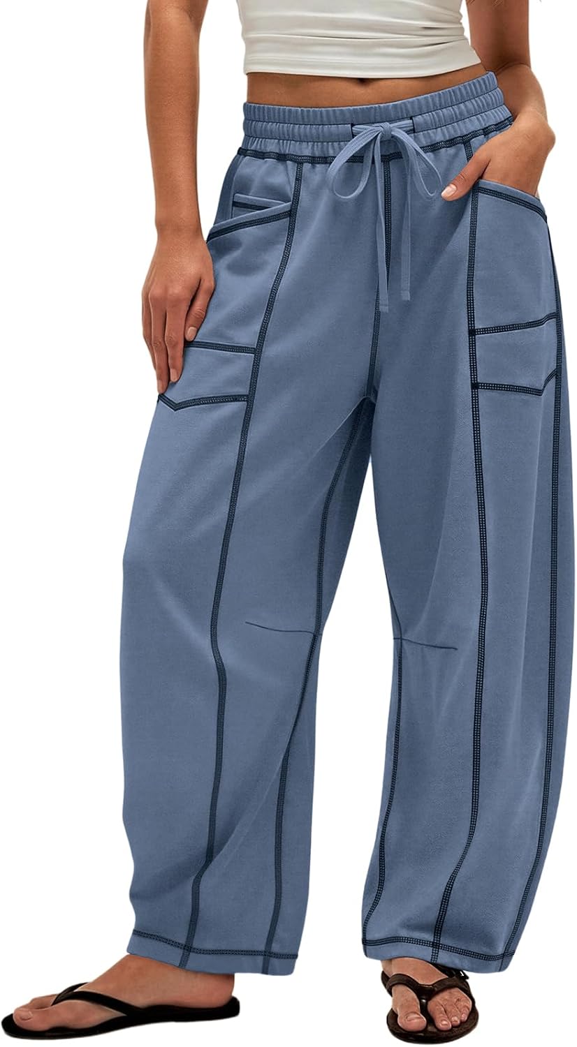 Womens Baggy Barrel Sweatpants Wide Leg Drawstring Lounge Sweat Pants with Pockets