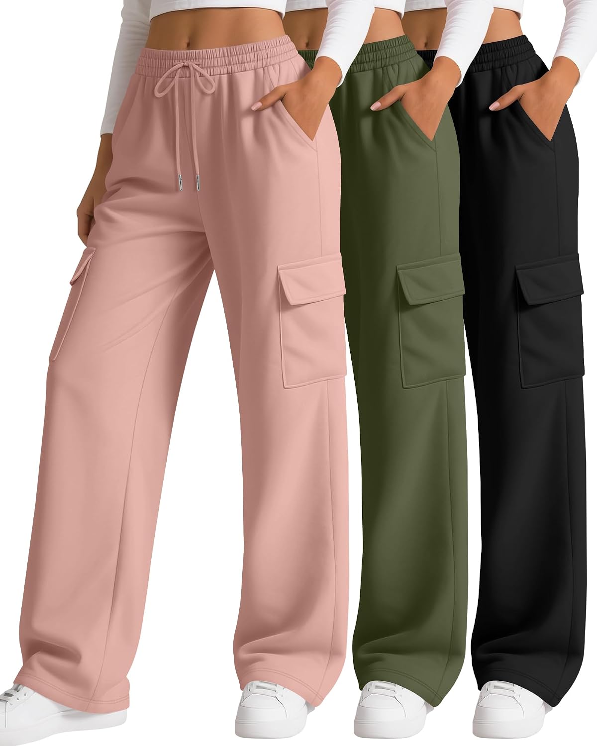 3 Pack Women's Cargo Sweatpants Wide Leg Baggy Loose Elastic Drawstring Pants Casual Athletic Joggers with 4 Pockets