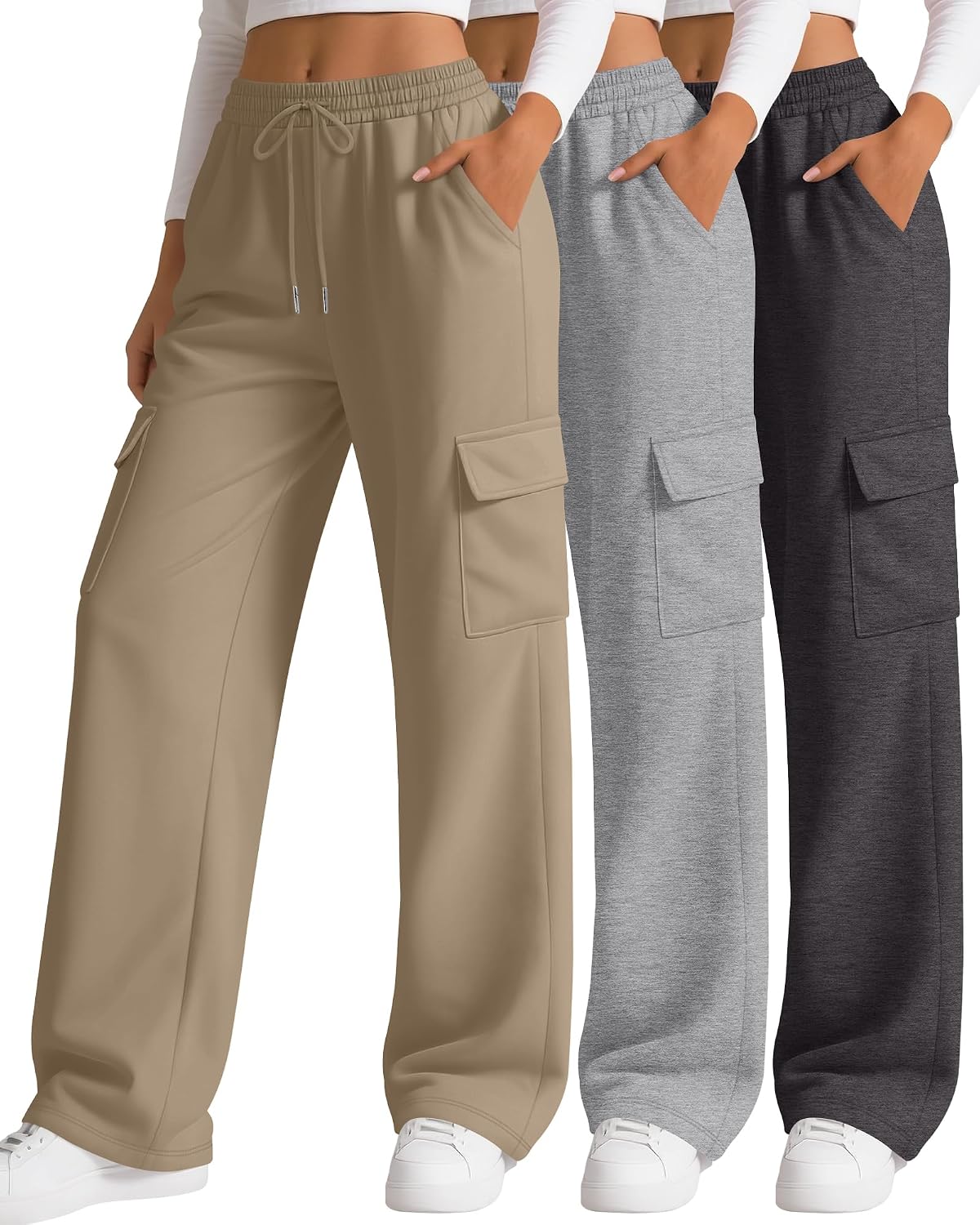3 Pack Women's Cargo Sweatpants Wide Leg Baggy Loose Elastic Drawstring Pants Casual Athletic Joggers with 4 Pockets