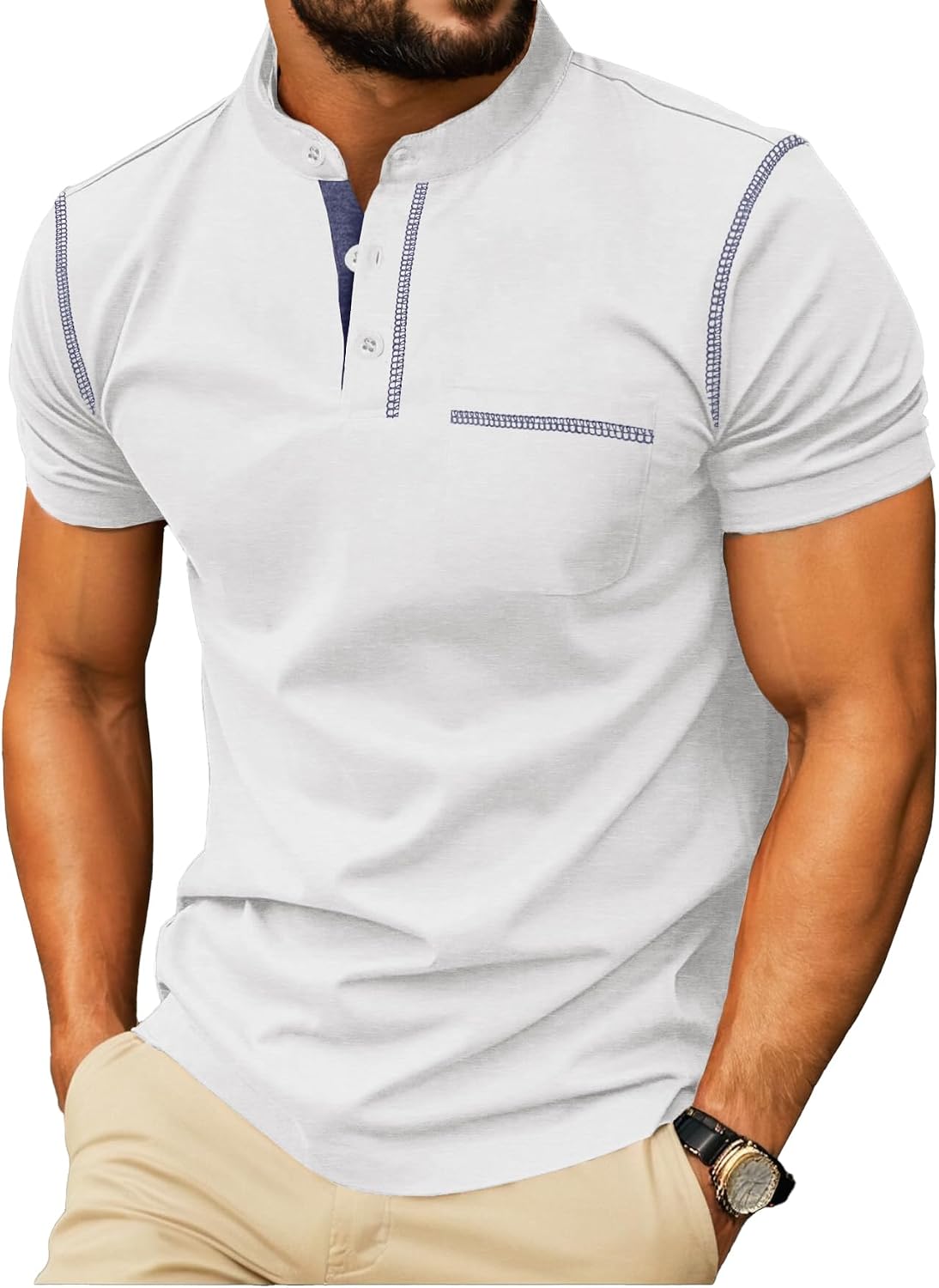 Mens Henley Shirts Short Sleeve Summer Casual Classic Cotton T Shirts Pocket Button Shirt